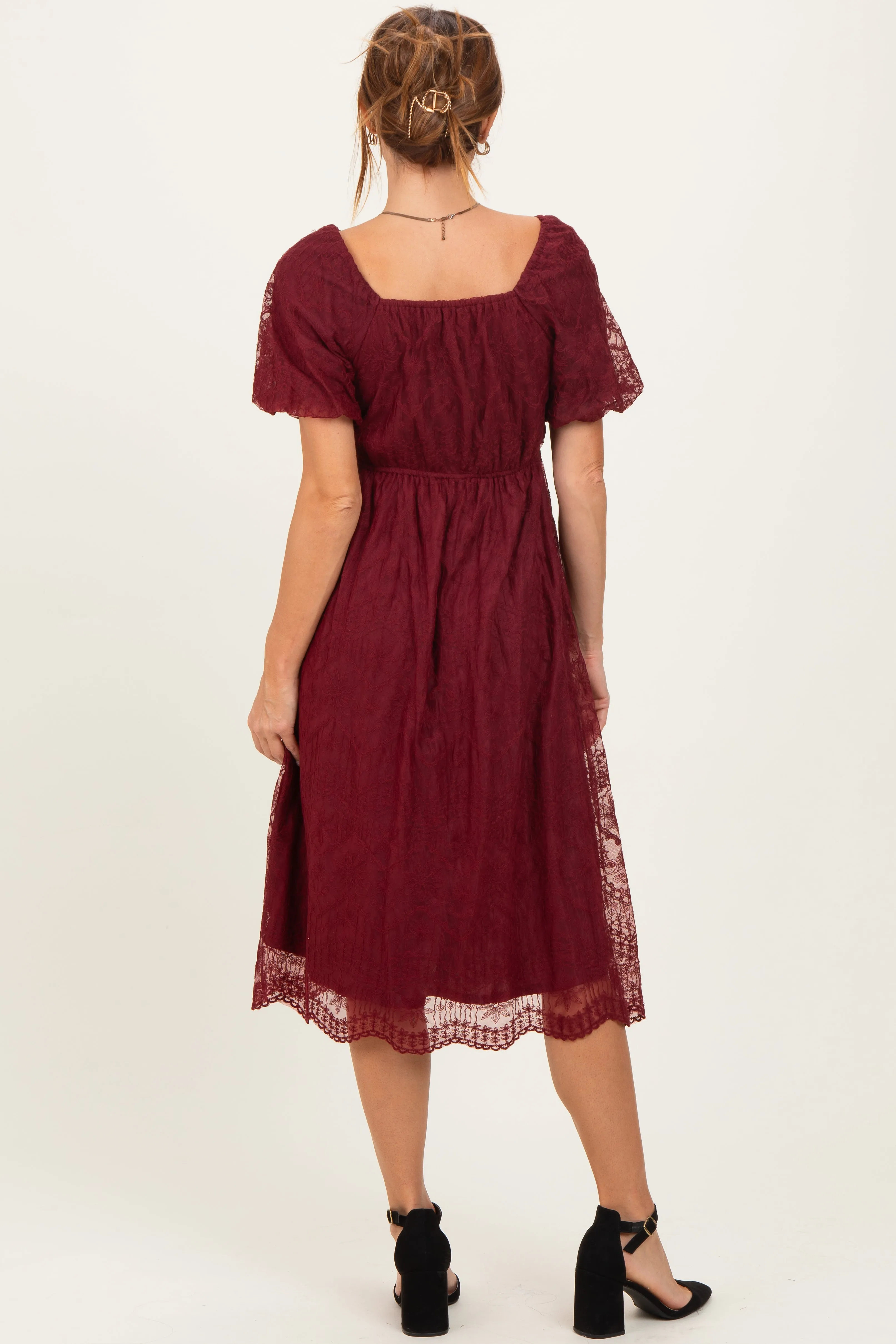 Burgundy Lace Sweetheart Neck Short Sleeve Midi Dress sold by Pinkblush product image thumbnail 4