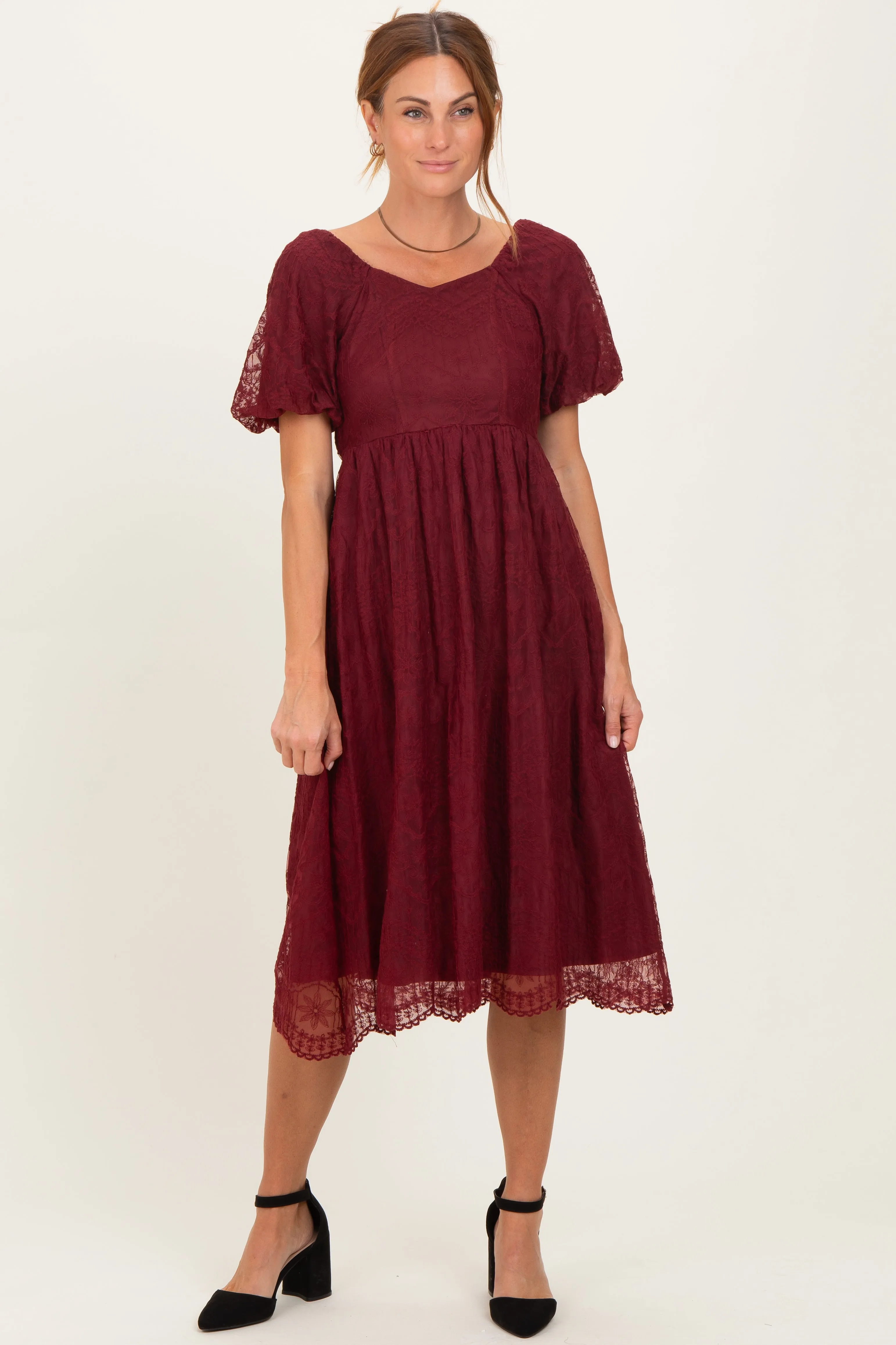 Burgundy Lace Sweetheart Neck Short Sleeve Midi Dress sold by Pinkblush