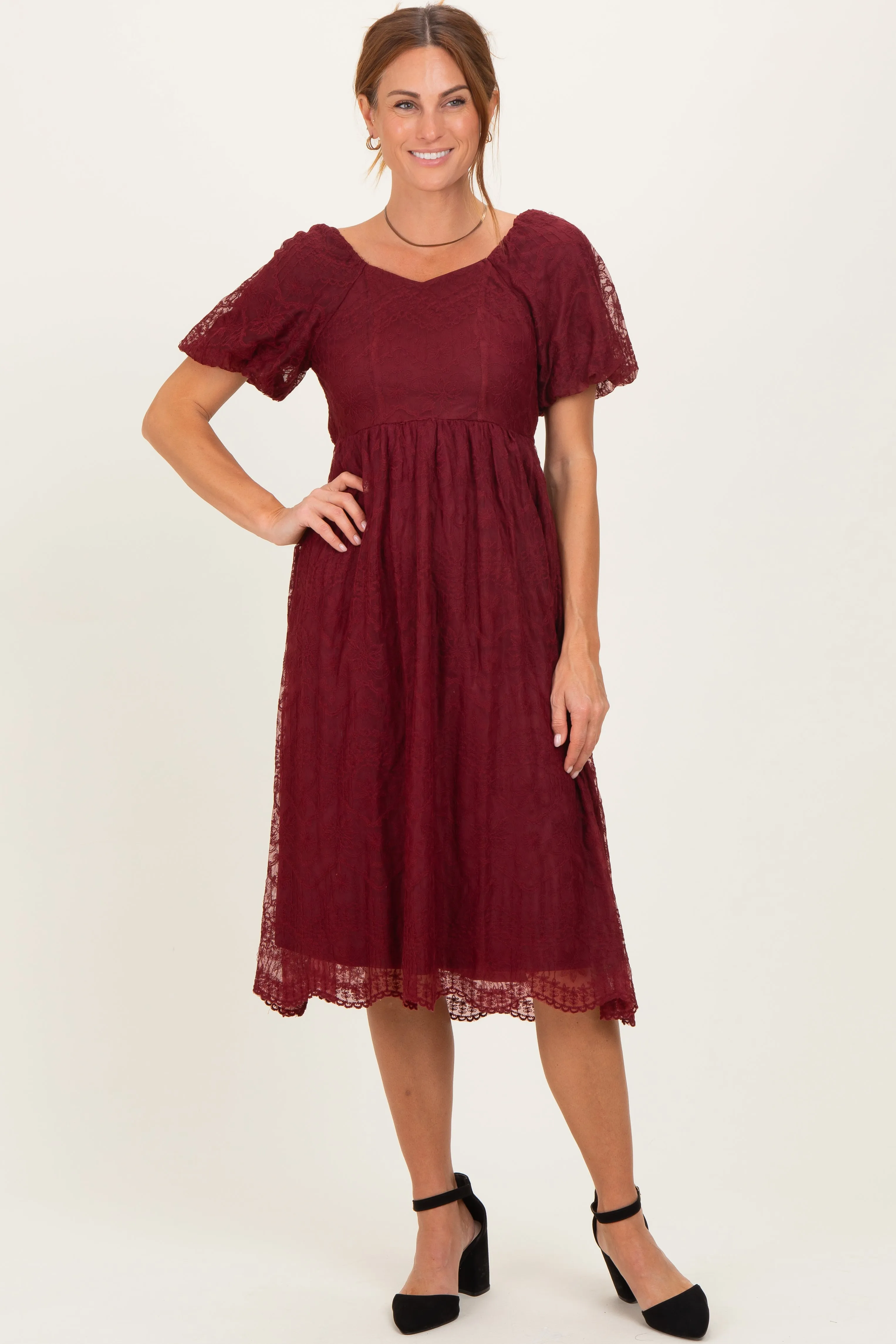 Burgundy Lace Sweetheart Neck Short Sleeve Midi Dress sold by Pinkblush product image thumbnail 2
