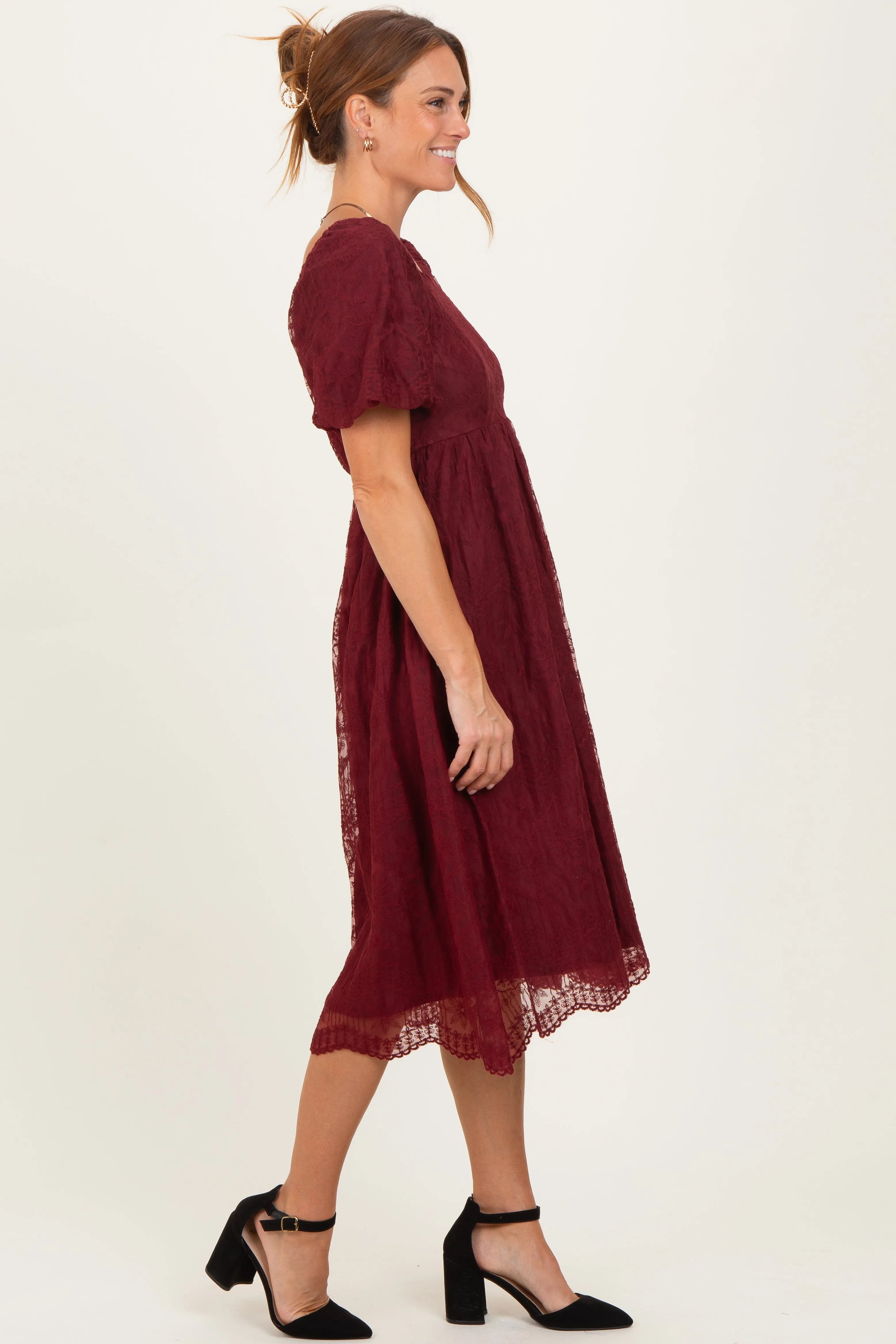 Burgundy Lace Sweetheart Neck Short Sleeve Midi Dress sold by Pinkblush product image thumbnail 3