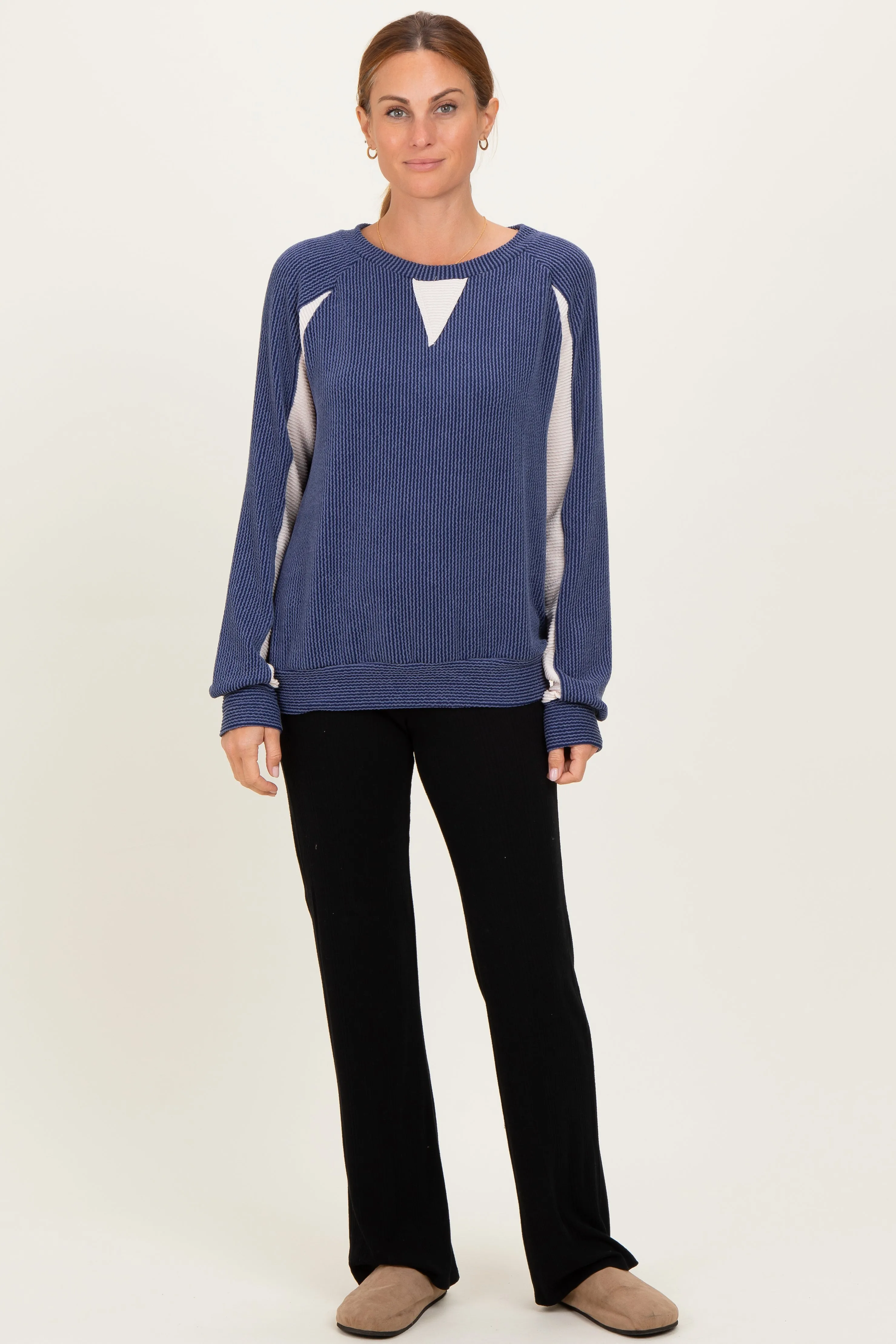 Navy Textured Rib Colorblock Pullover sold by Pinkblush product image thumbnail 2