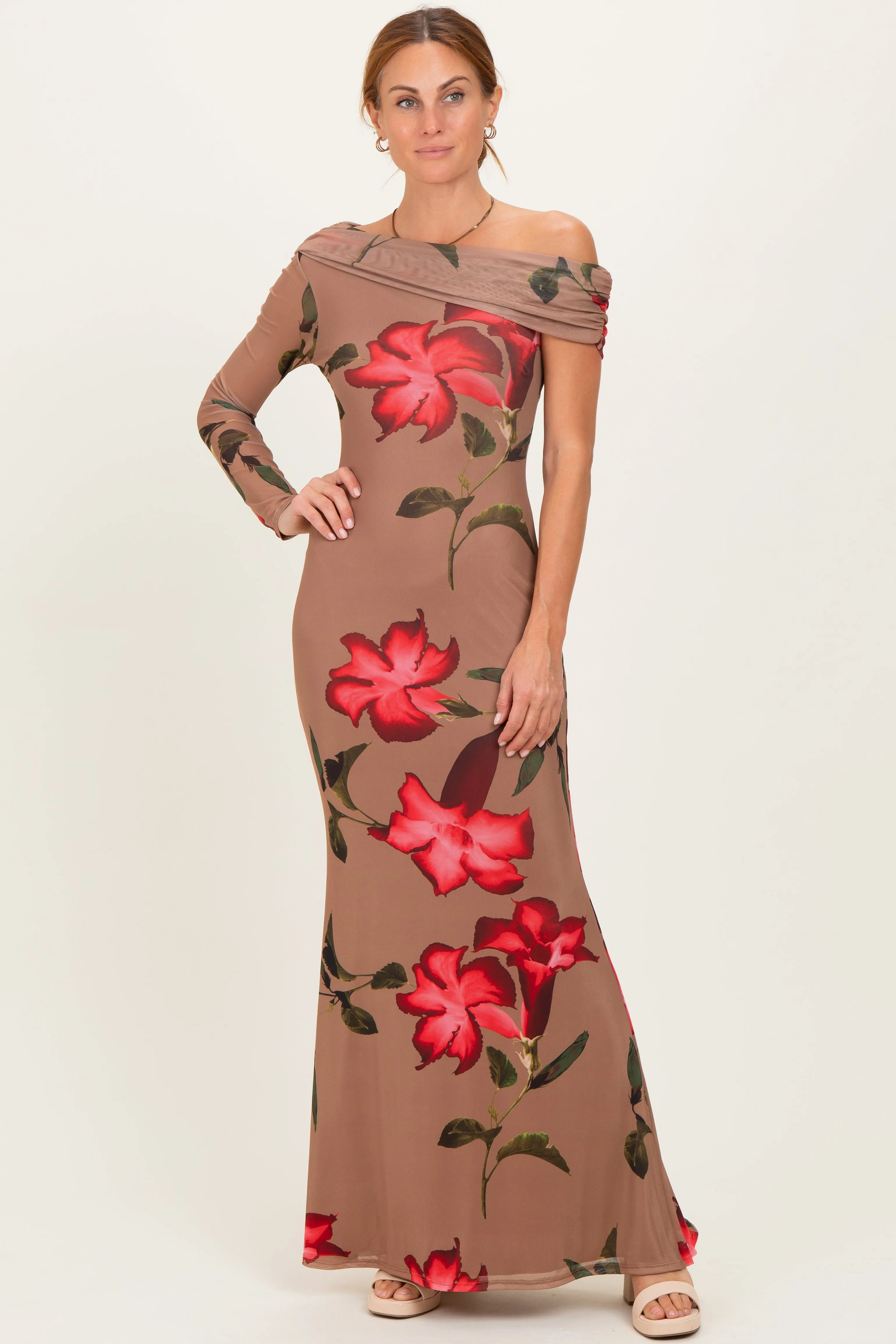 Mocha Floral Off Shoulder One Sleeve Maxi Dress sold by Pinkblush product image thumbnail 2