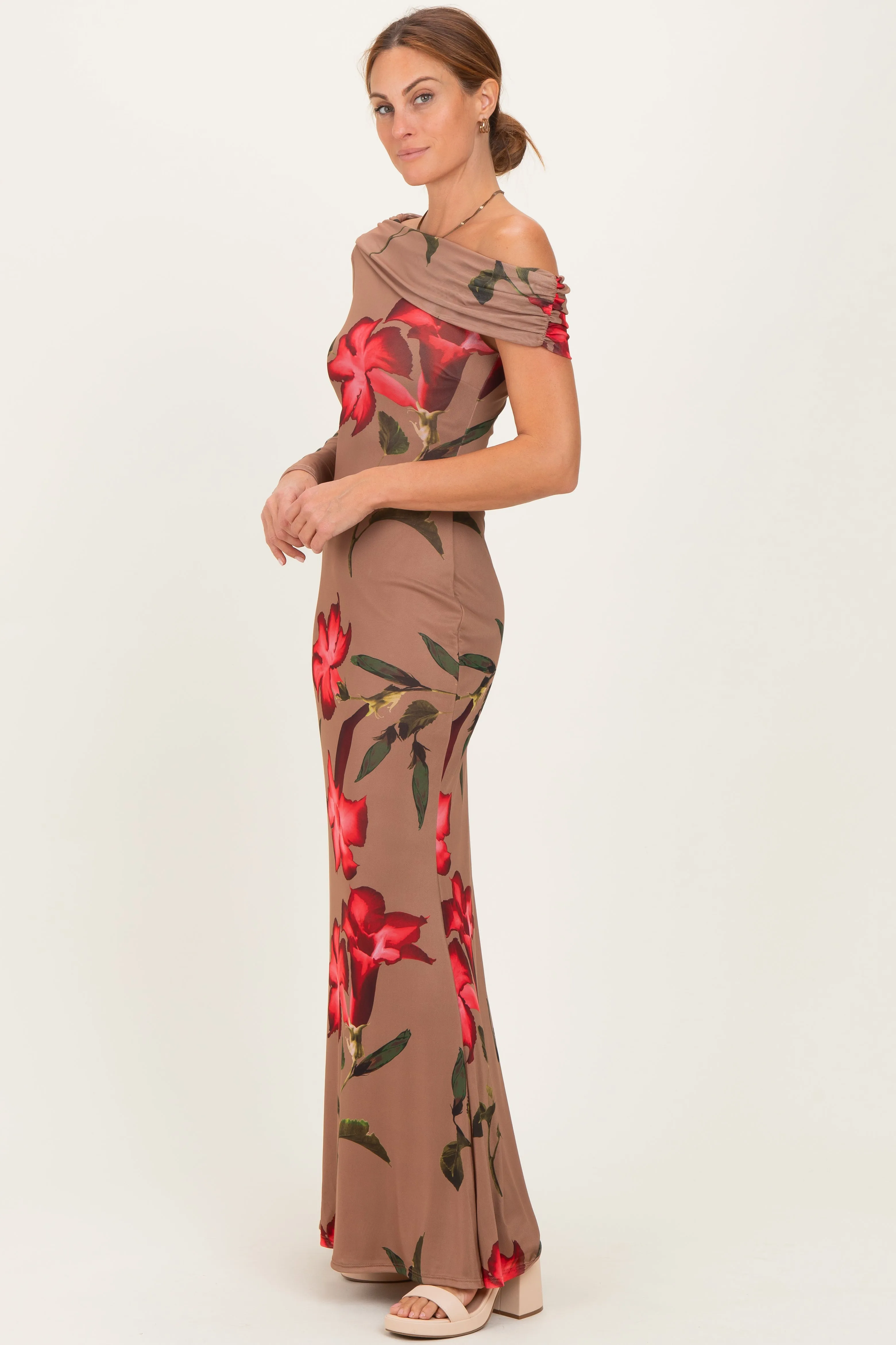Mocha Floral Off Shoulder One Sleeve Maxi Dress sold by Pinkblush product image thumbnail 3