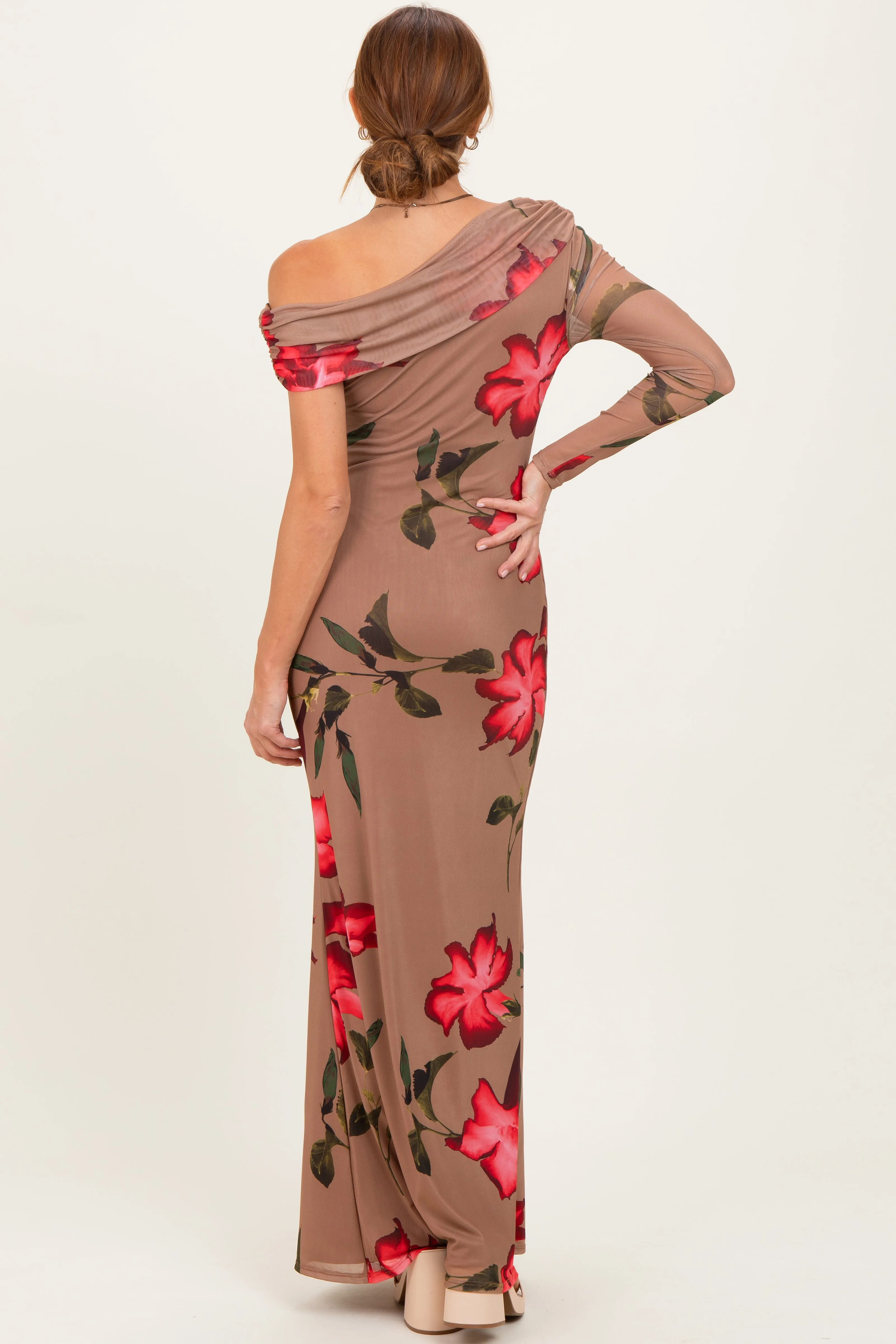 Mocha Floral Off Shoulder One Sleeve Maxi Dress sold by Pinkblush product image thumbnail 4