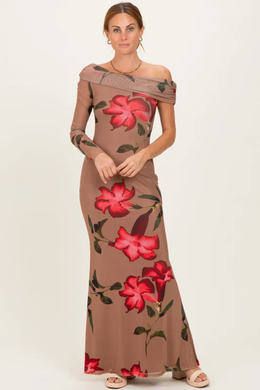 Mocha Floral Off Shoulder One Sleeve Maxi Dress made by Blue Blush
