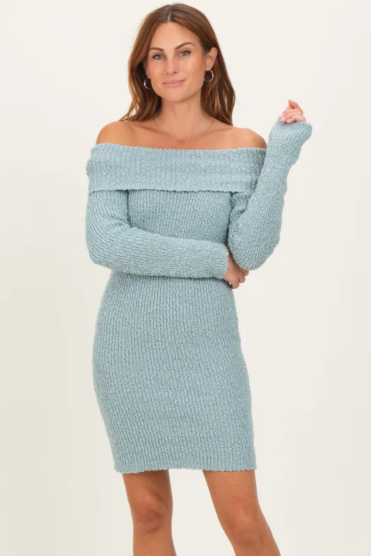 Light Blue Off The Shoulder Knit Sweater Mini Dress sold by Pinkblush