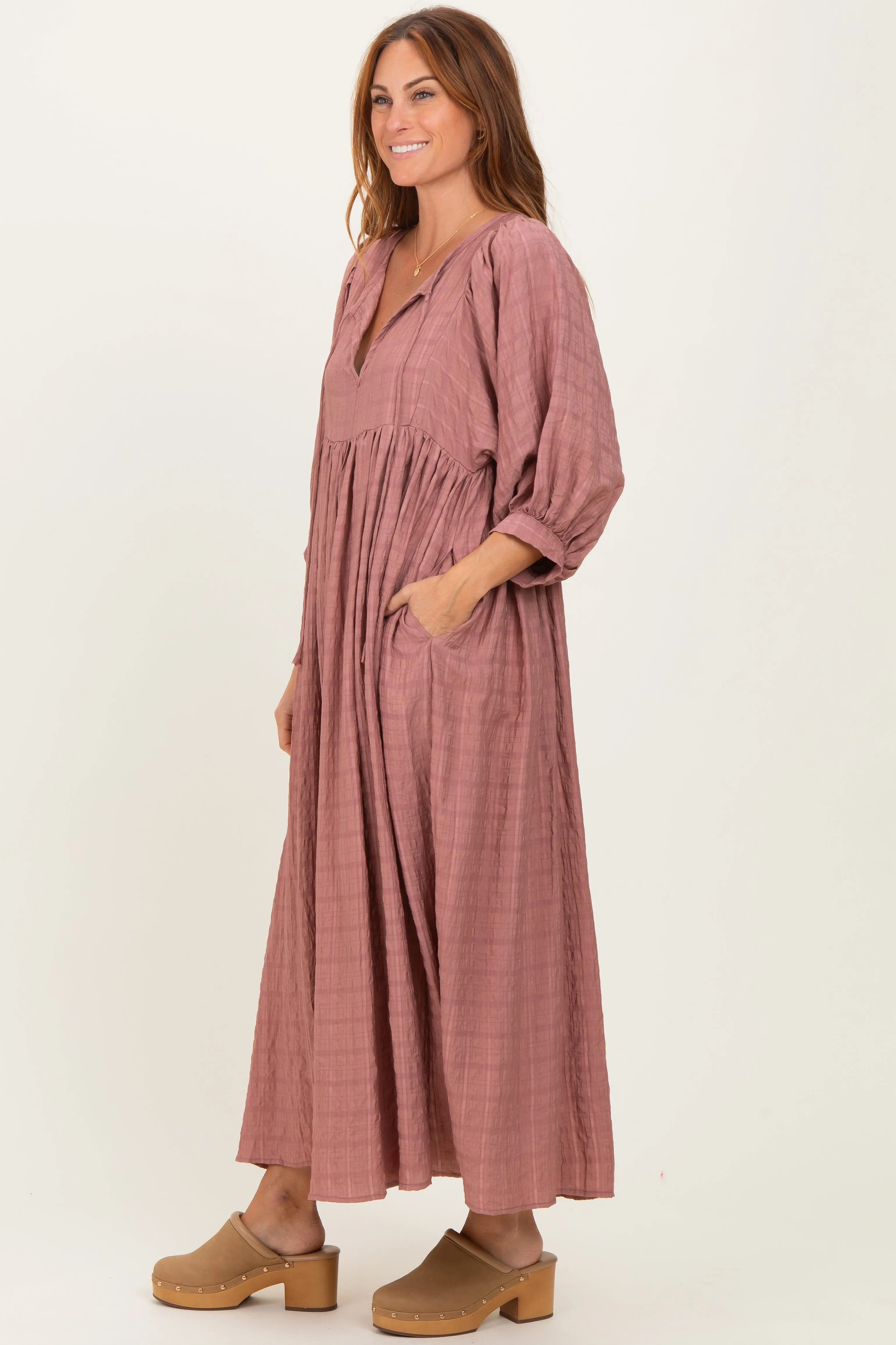 Mauve Plaid Front Tie Cutout Midi Dress sold by Pinkblush product image thumbnail 3