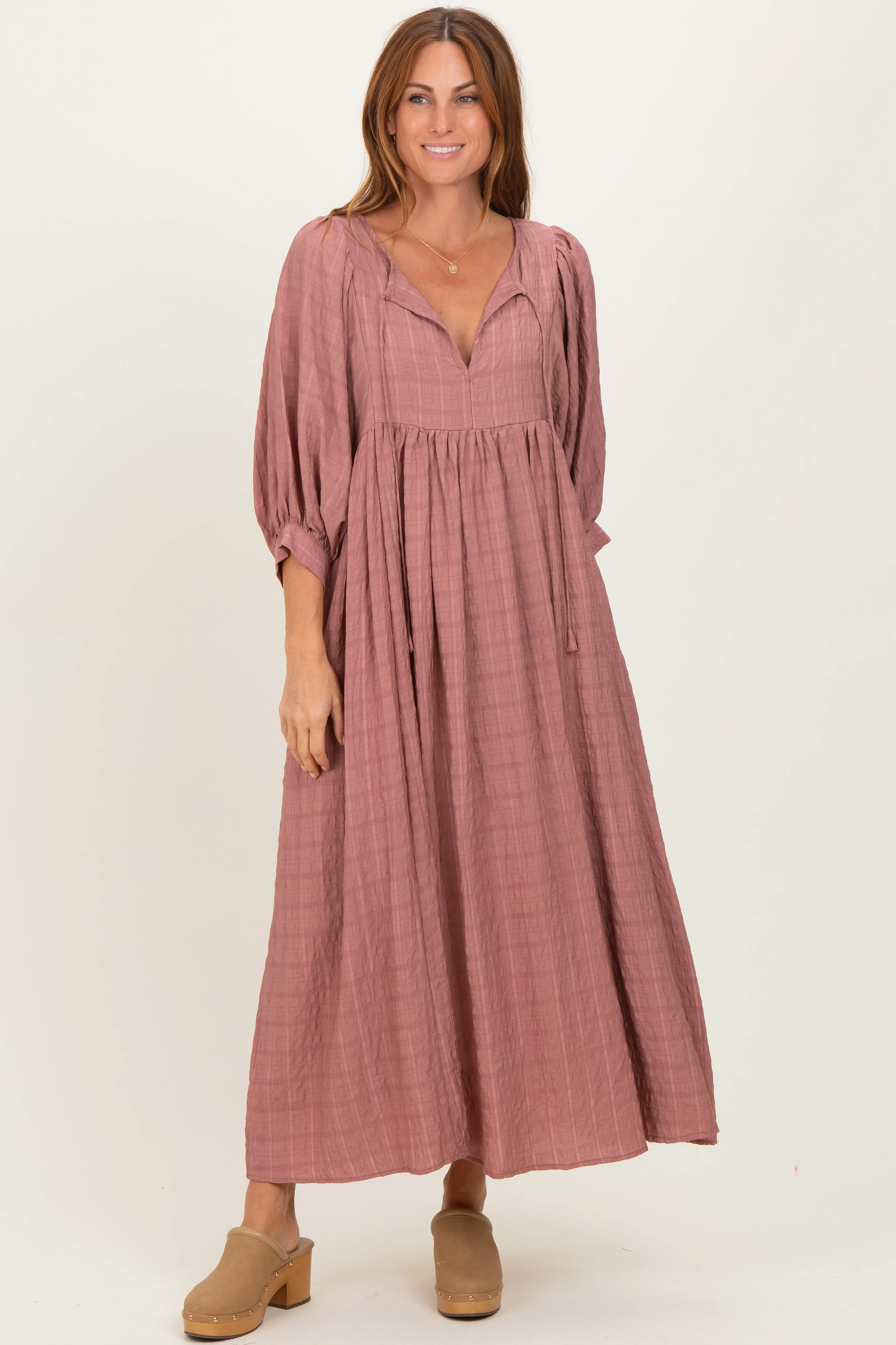 Mauve Plaid Front Tie Cutout Midi Dress sold by Pinkblush product image thumbnail 2