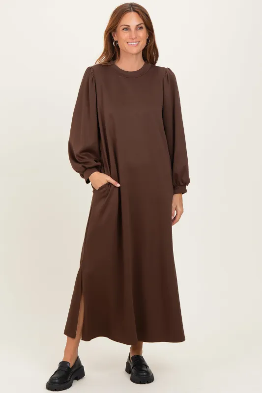 Brown Side Slit Detail Solid Midi Dress sold by Pinkblush