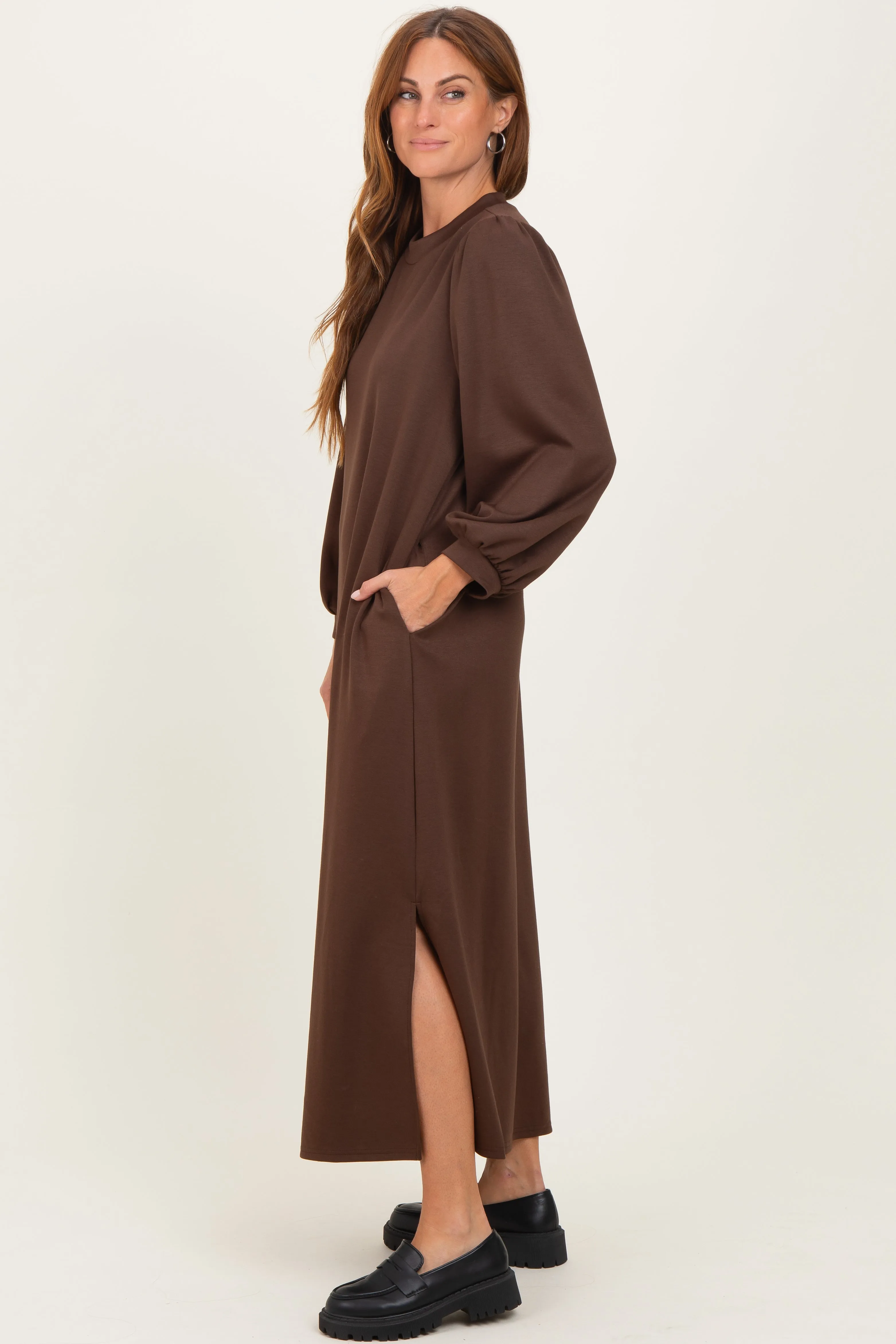 Brown Side Slit Detail Solid Midi Dress sold by Pinkblush product image thumbnail 4
