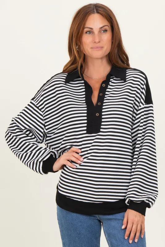 Black Striped Oversized Collared Pullover Top sold by Pinkblush