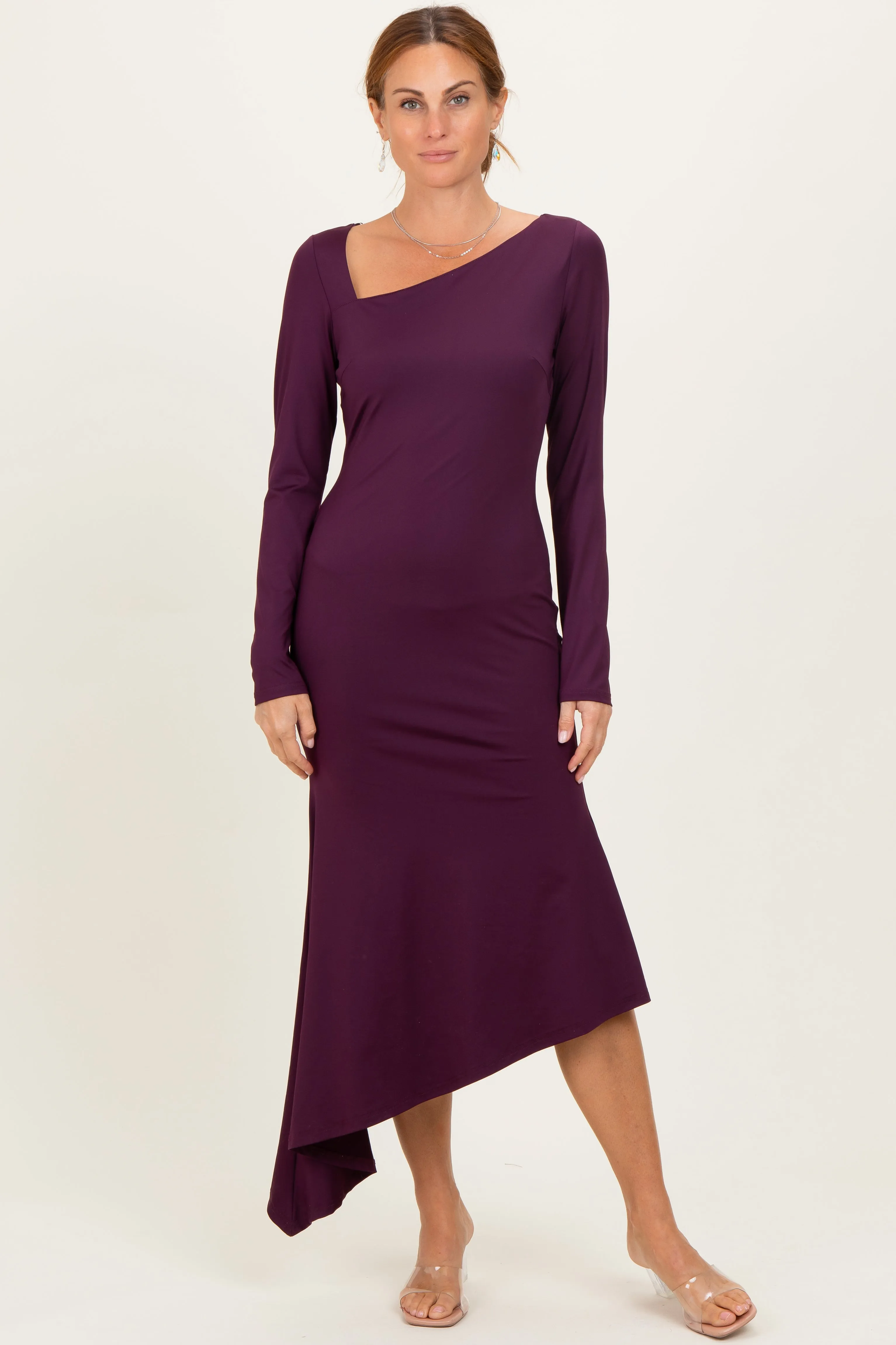 Plum Asymmetric Hem Midi Dress sold by Pinkblush