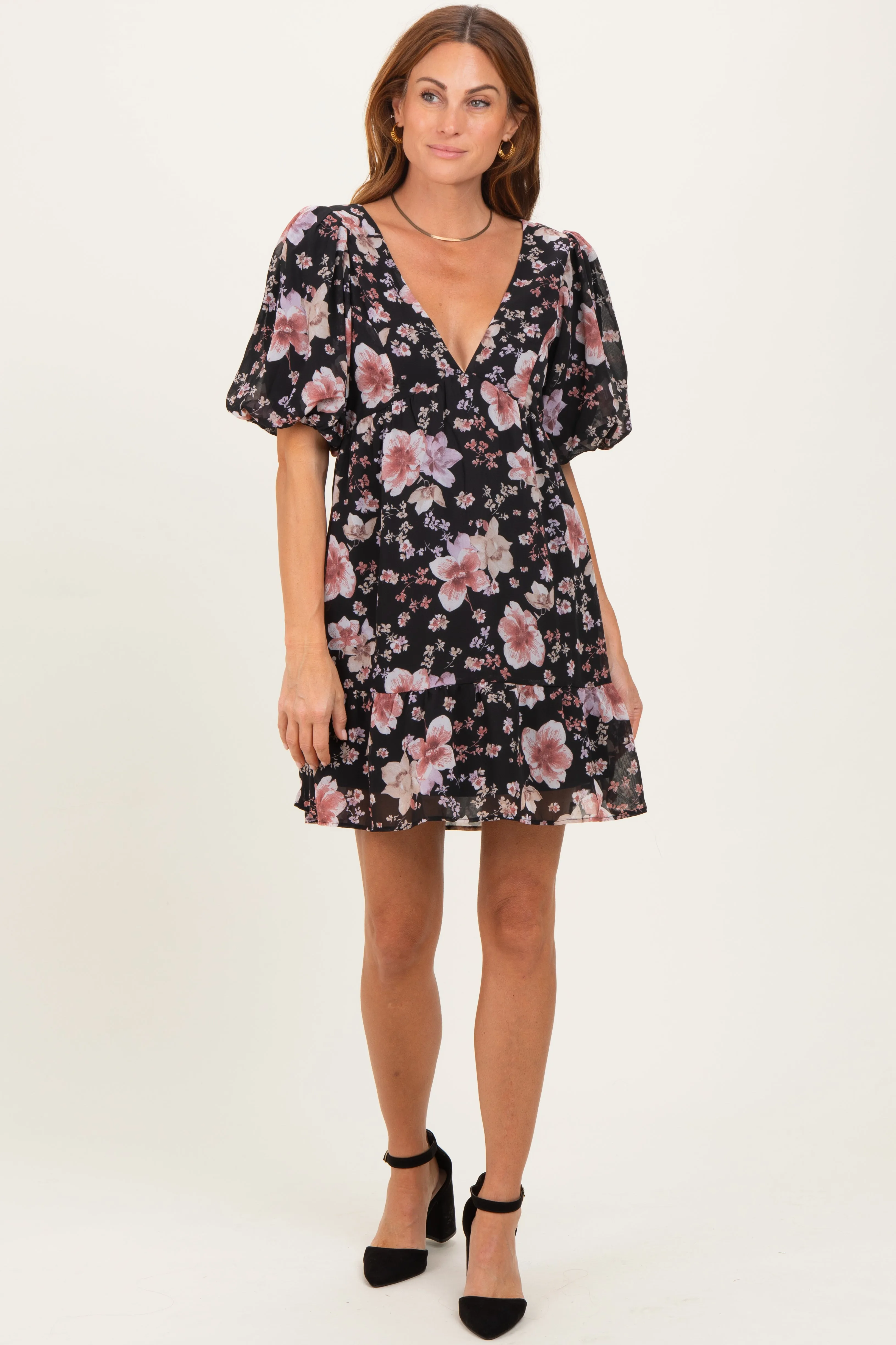Black Floral V-Neck Puffed Sleeve Mini Dress sold by Pinkblush product image thumbnail 2