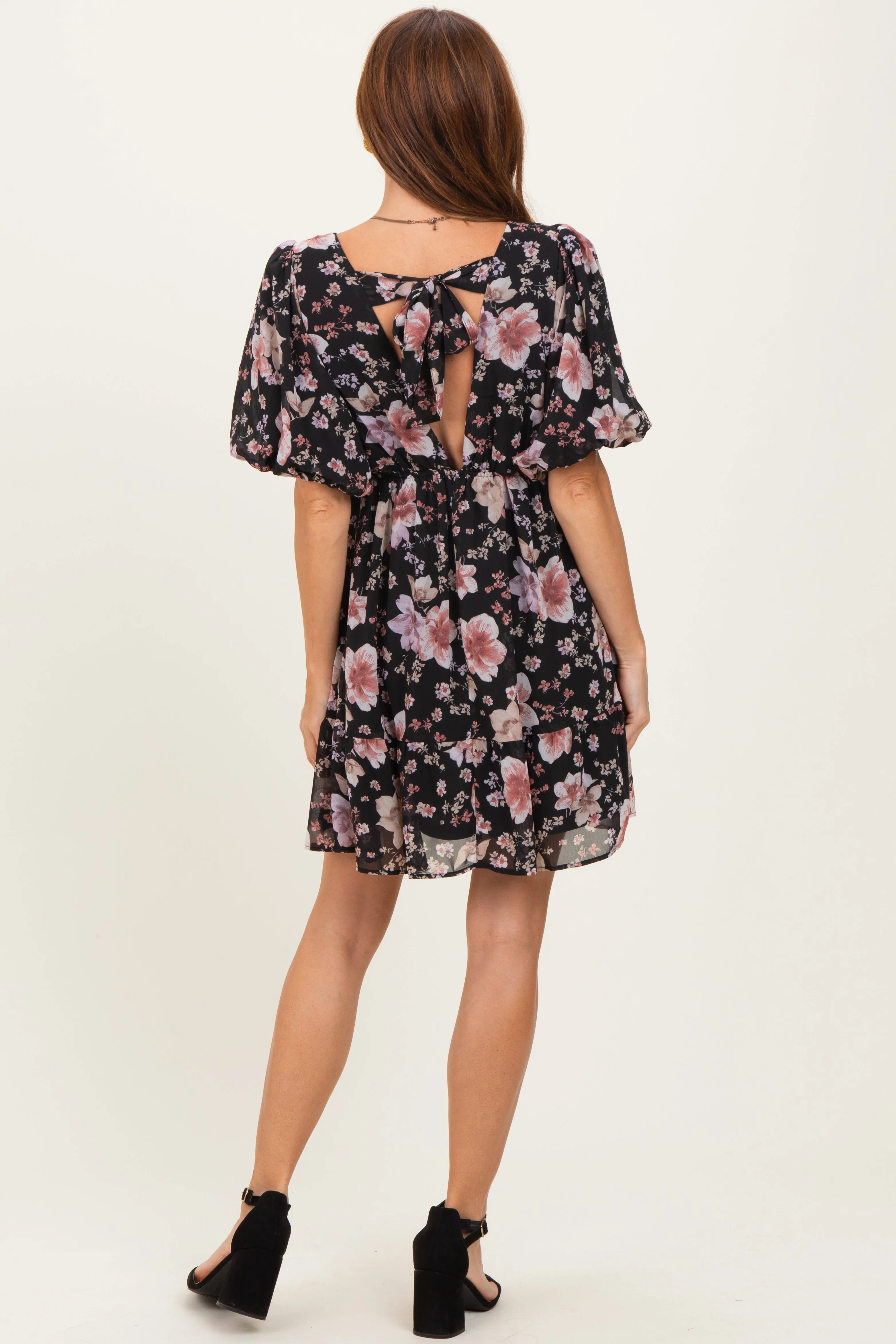 Black Floral V-Neck Puffed Sleeve Mini Dress sold by Pinkblush product image thumbnail 4