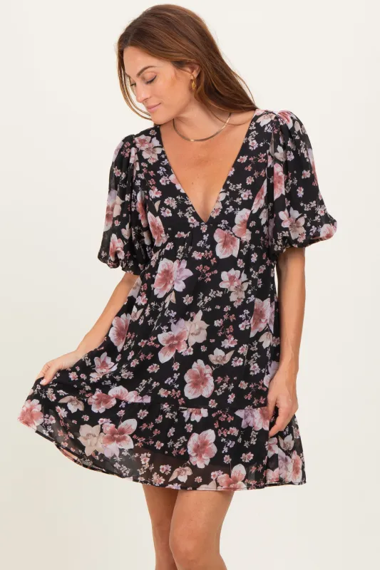 Black Floral V-Neck Puffed Sleeve Mini Dress sold by Pinkblush