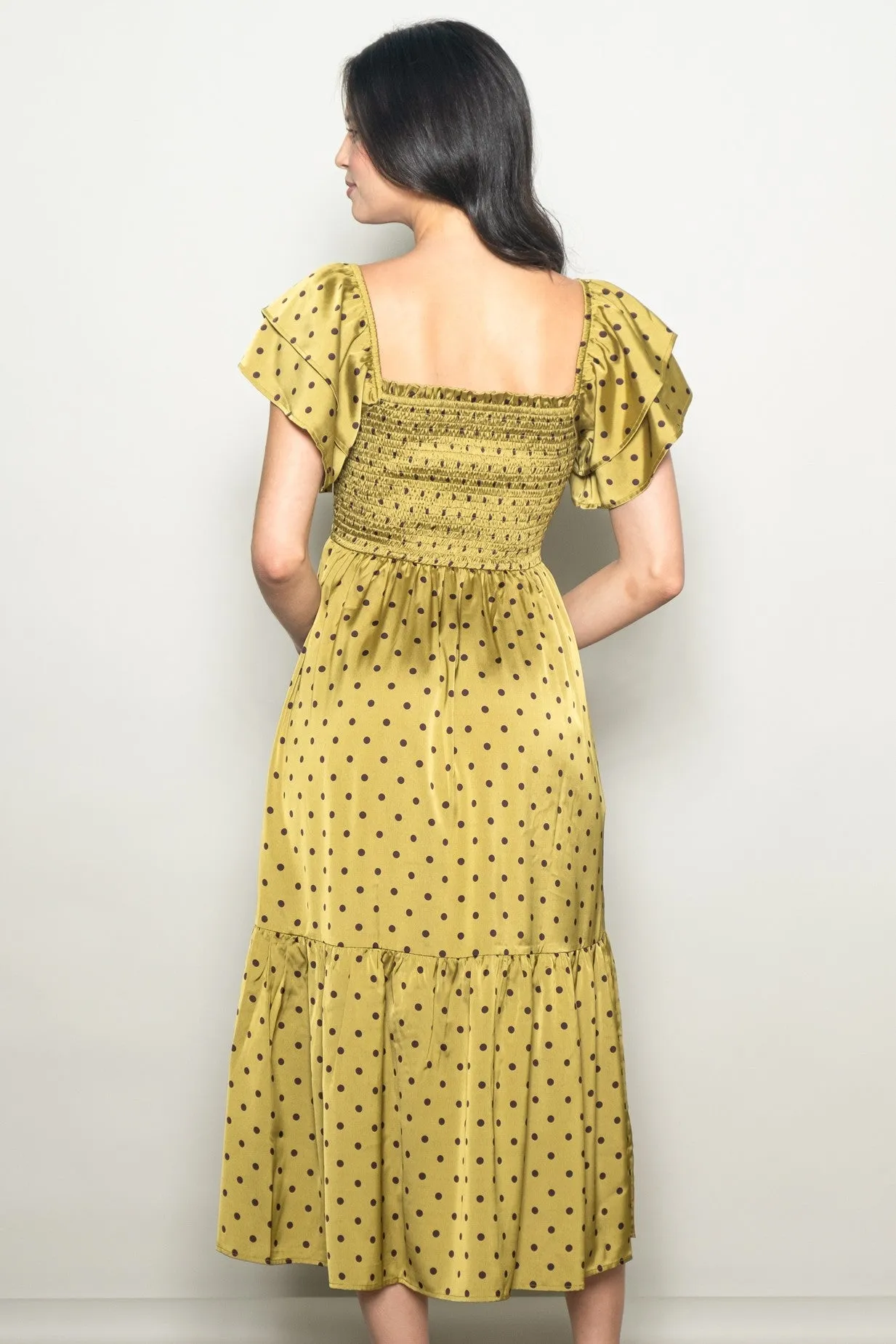 Light Olive Polka Dot Satin Smocked Flutter Sleeve Dress sold by Pinkblush product image thumbnail 4