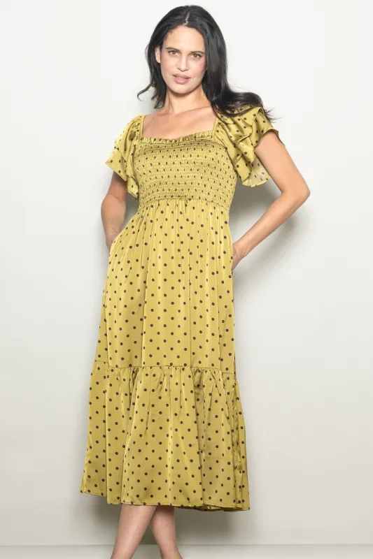 Light Olive Polka Dot Satin Smocked Flutter Sleeve Dress sold by Pinkblush