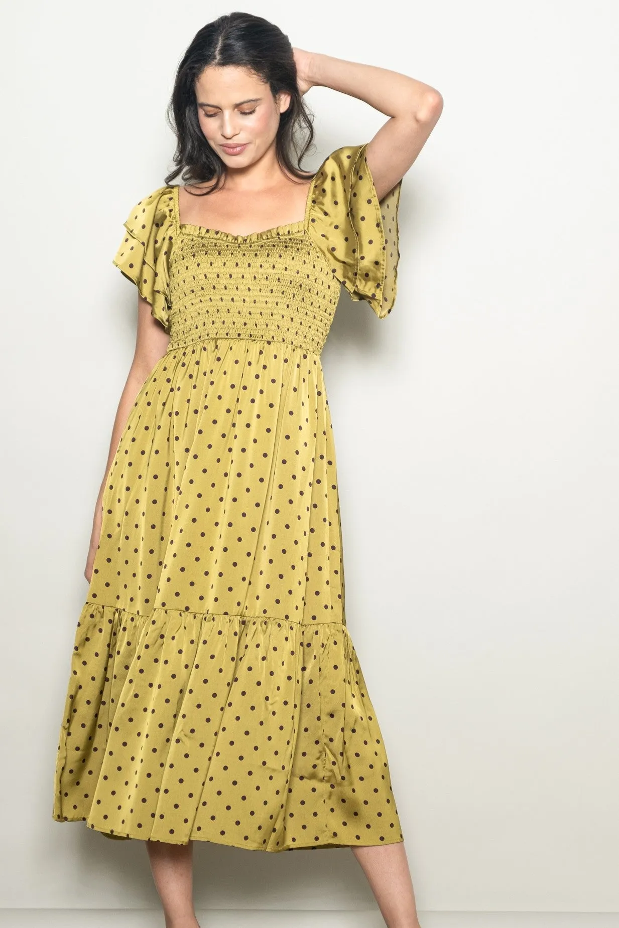 Light Olive Polka Dot Satin Smocked Flutter Sleeve Dress sold by Pinkblush product image thumbnail 2