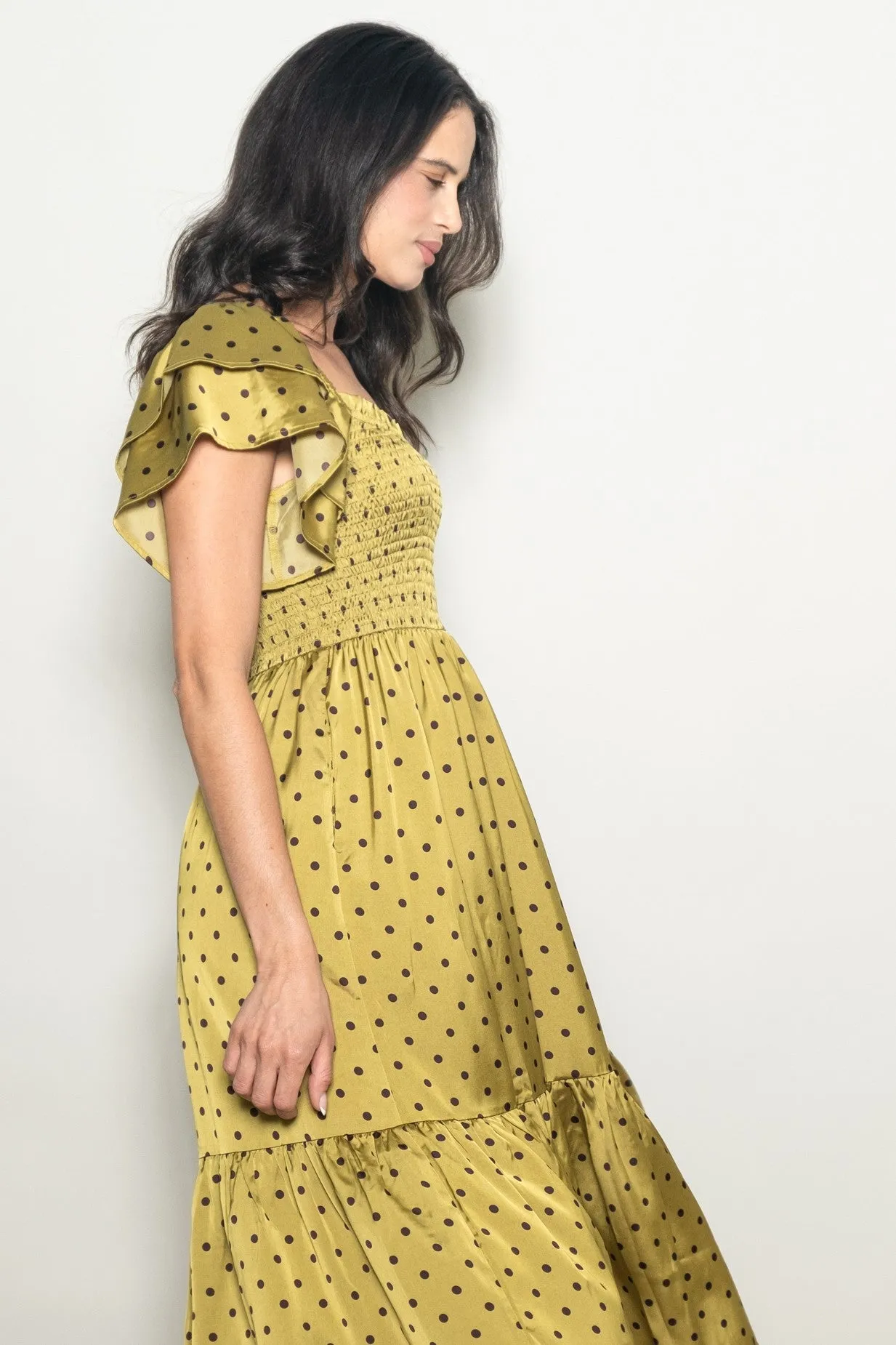 Light Olive Polka Dot Satin Smocked Flutter Sleeve Dress sold by Pinkblush product image thumbnail 3