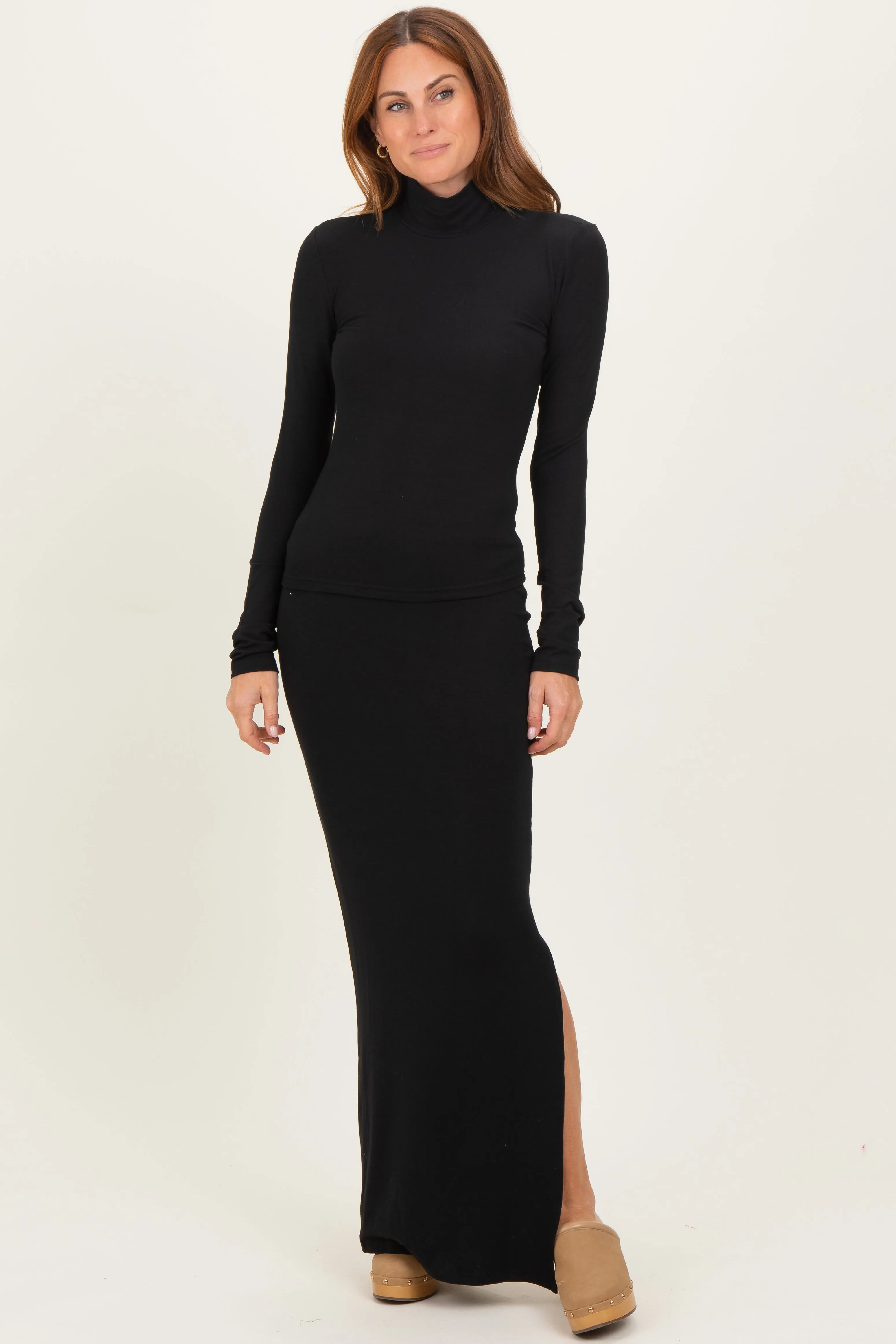 Black Turtleneck Top Maxi Skirt Set sold by Pinkblush
