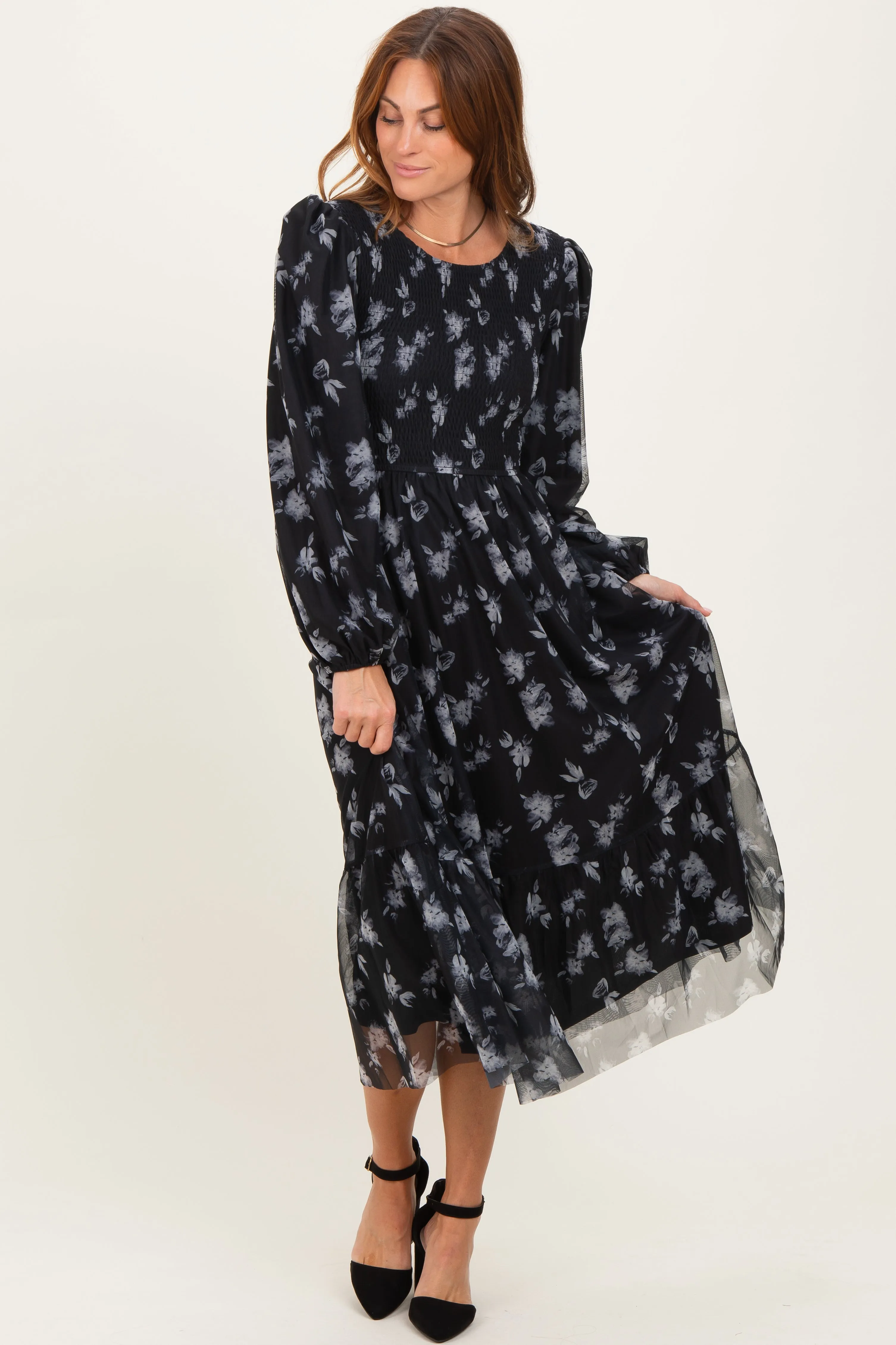 Black Floral Mesh Smocked Midi Dress sold by Pinkblush