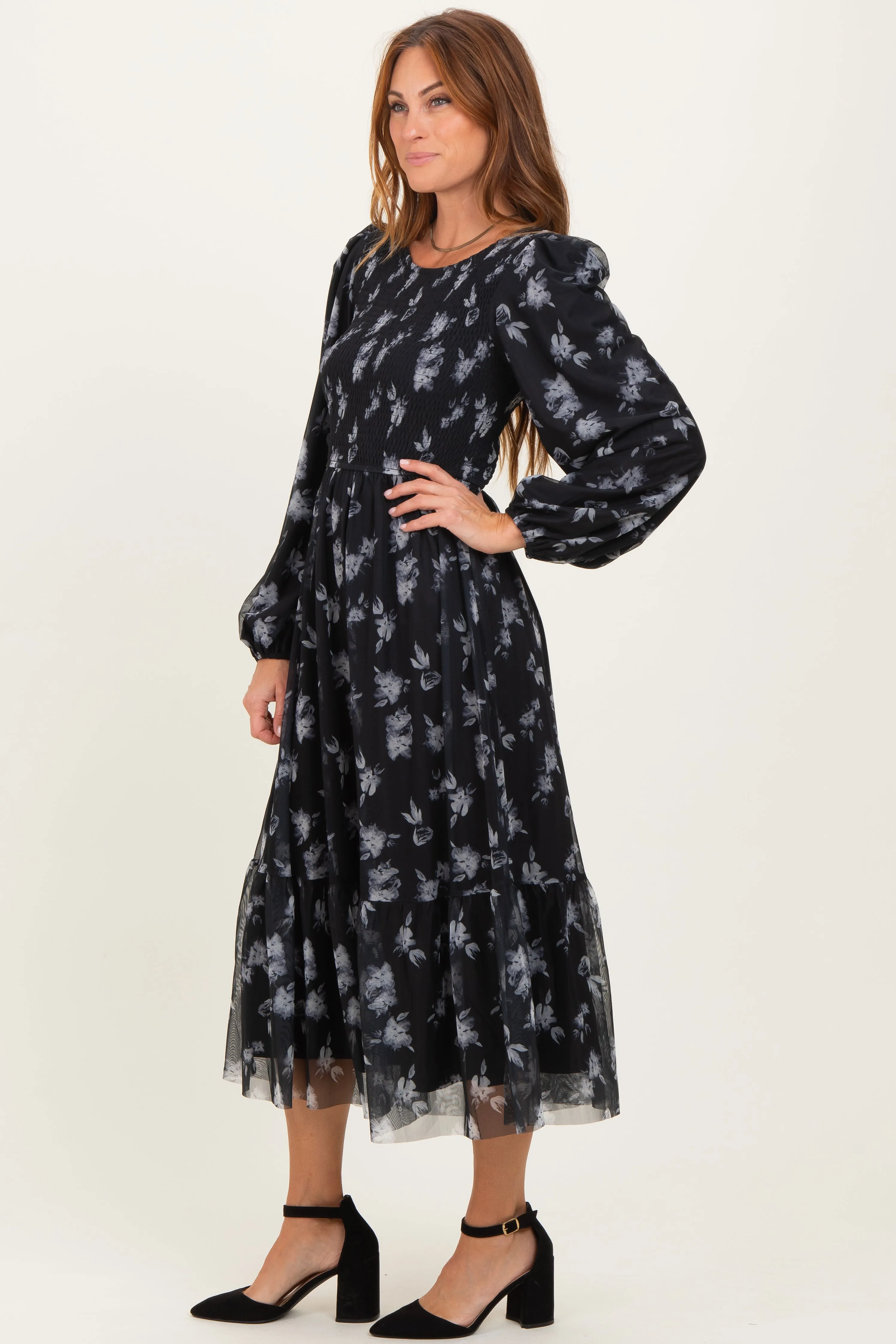 Black Floral Mesh Smocked Midi Dress sold by Pinkblush product image thumbnail 2