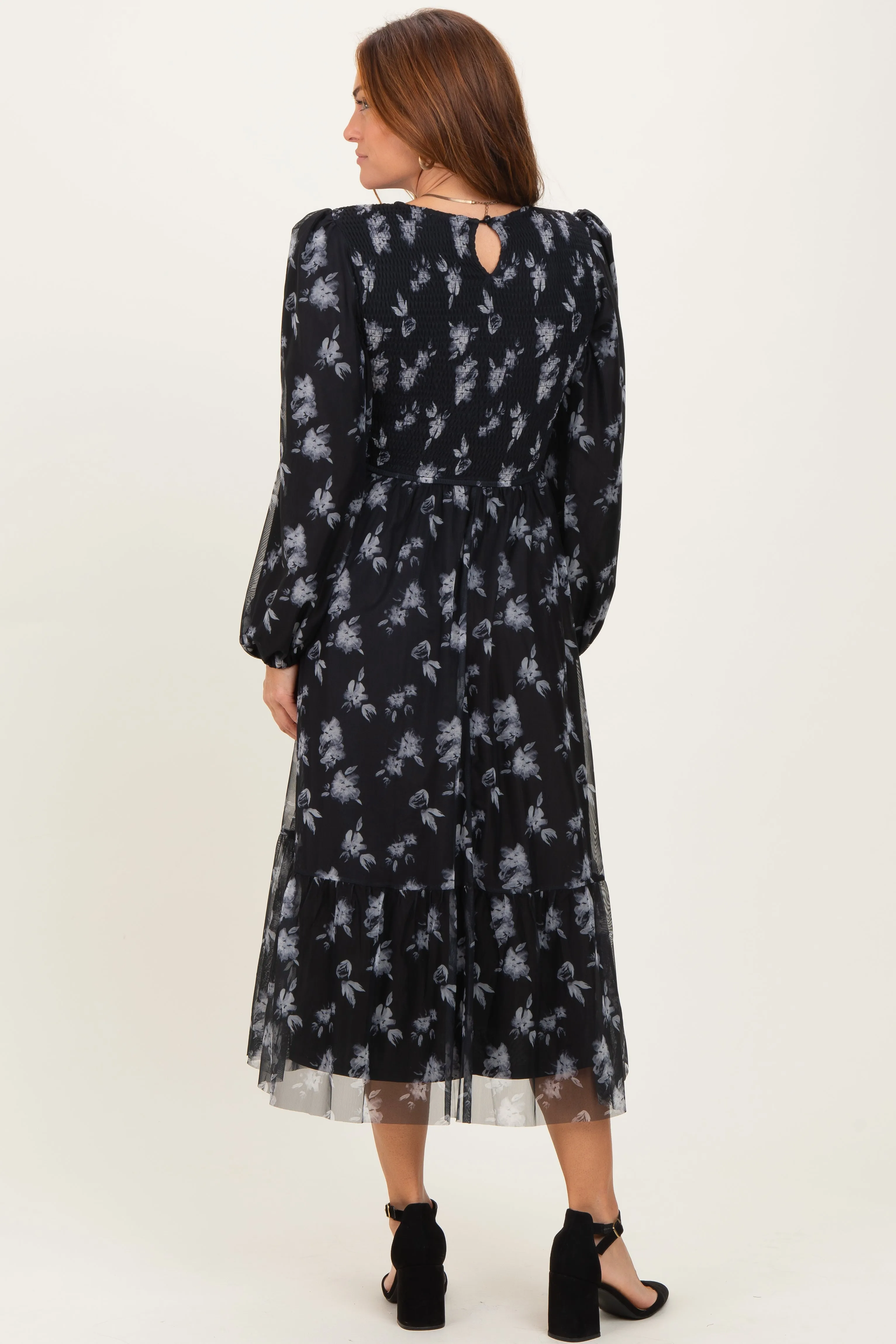 Black Floral Mesh Smocked Midi Dress sold by Pinkblush product image thumbnail 3