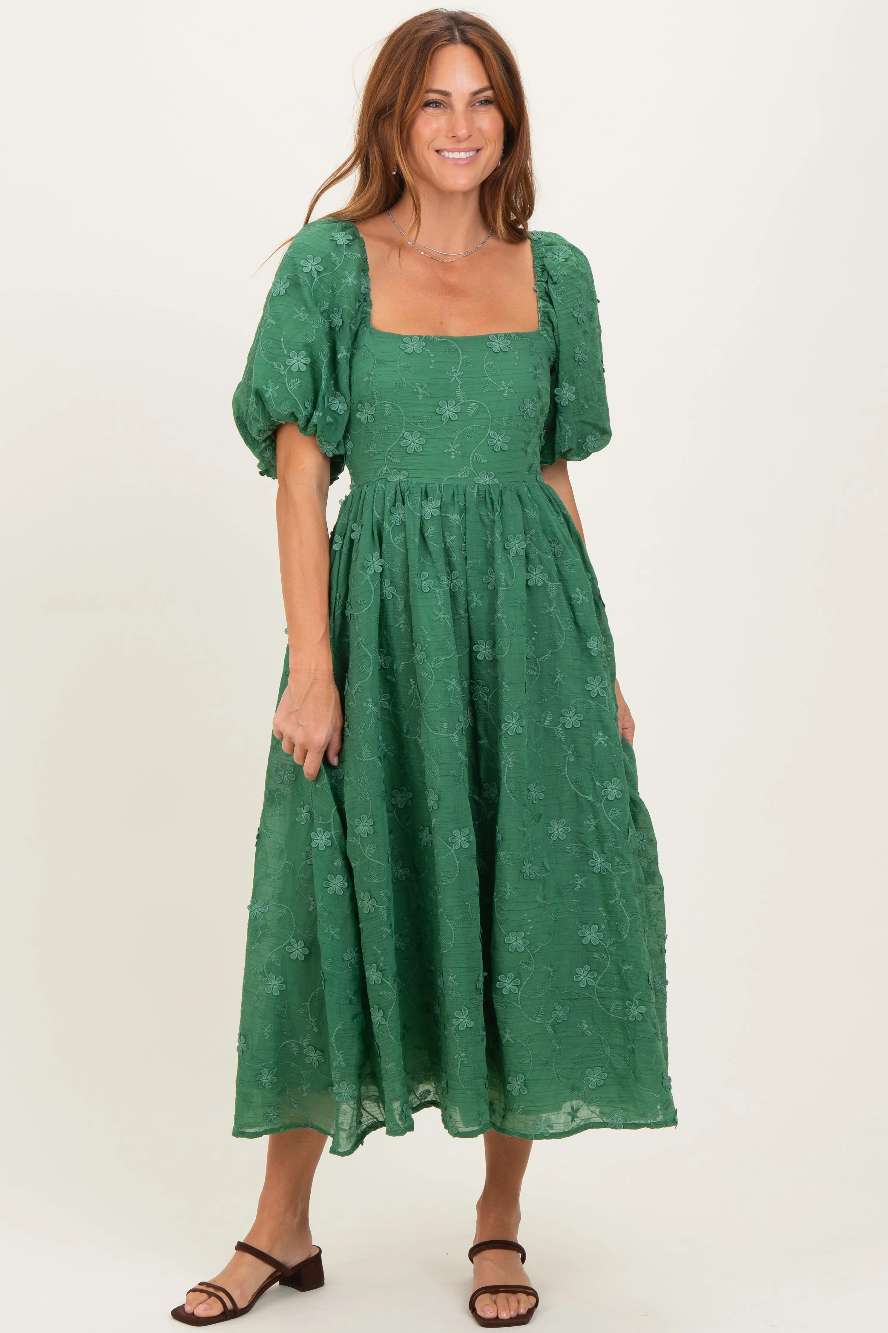 Forest Green Embroidered Floral Puff Sleeve Midi Dress sold by Pinkblush product image thumbnail 2
