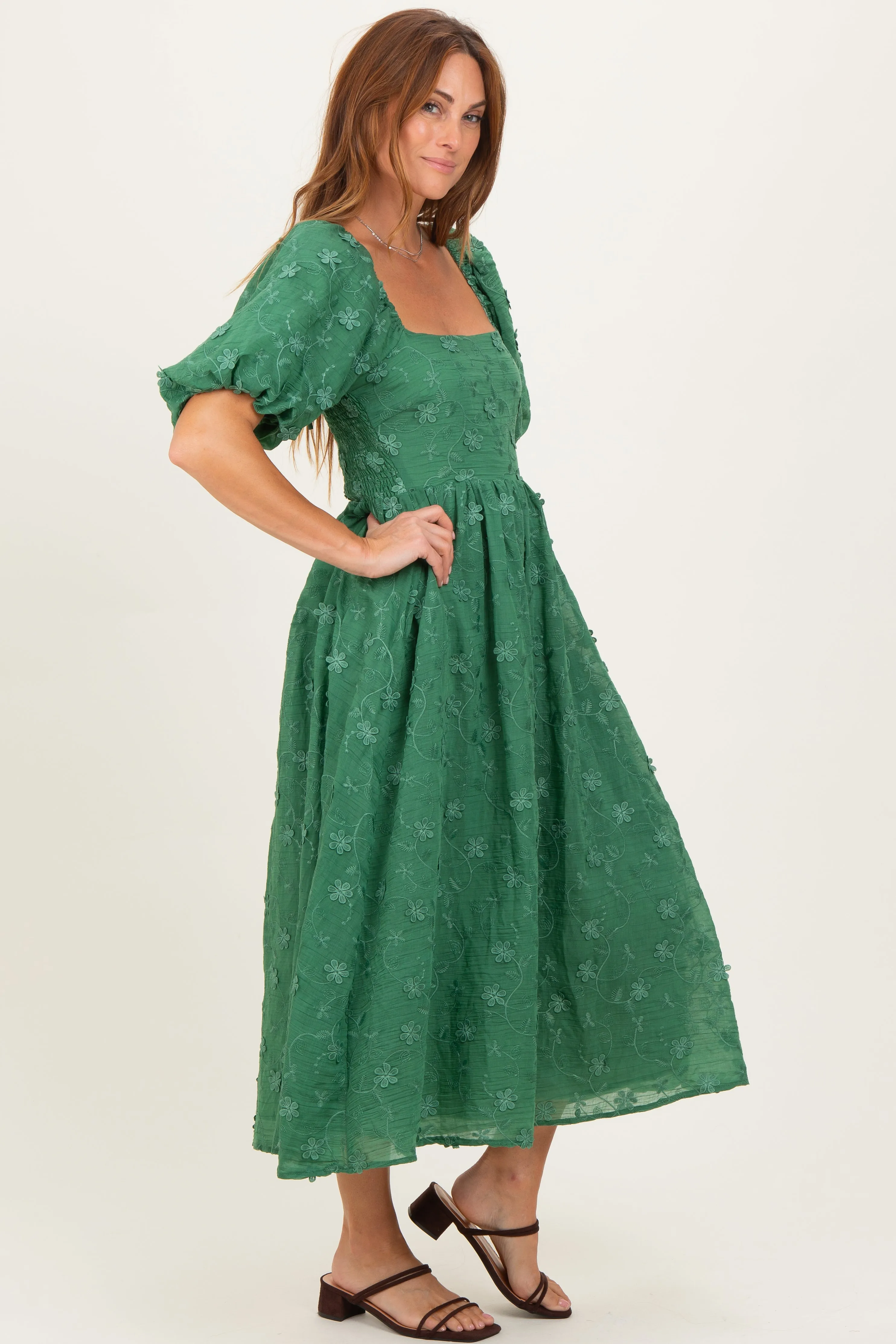 Forest Green Embroidered Floral Puff Sleeve Midi Dress sold by Pinkblush product image thumbnail 3