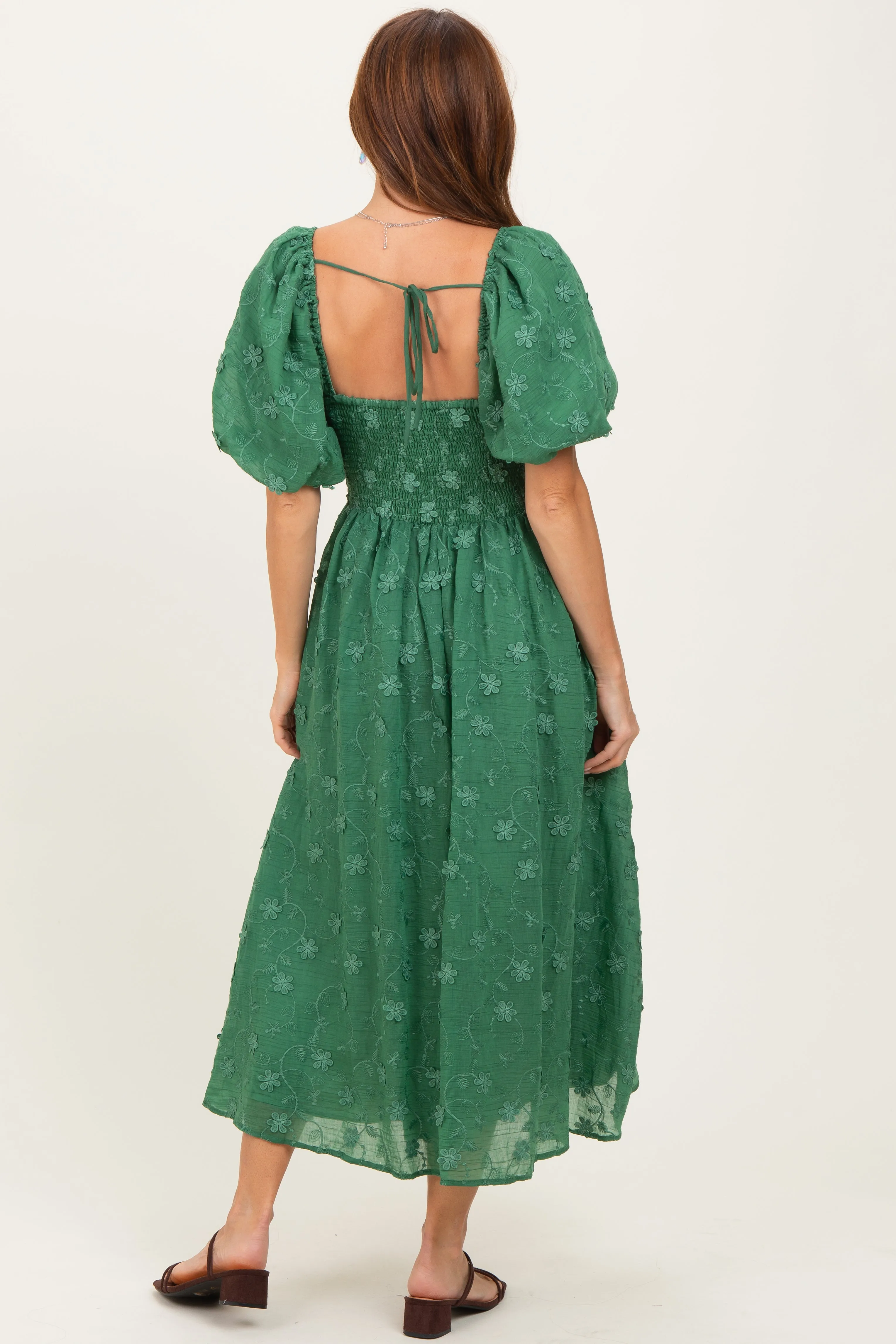 Forest Green Embroidered Floral Puff Sleeve Midi Dress sold by Pinkblush product image thumbnail 4