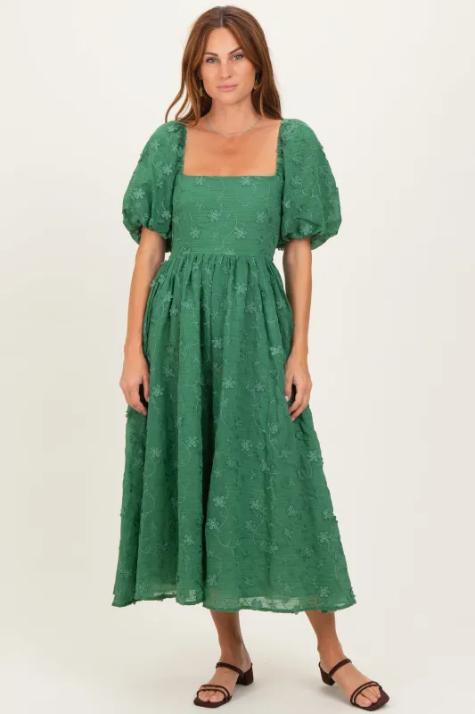 Forest Green Embroidered Floral Puff Sleeve Midi Dress sold by Pinkblush