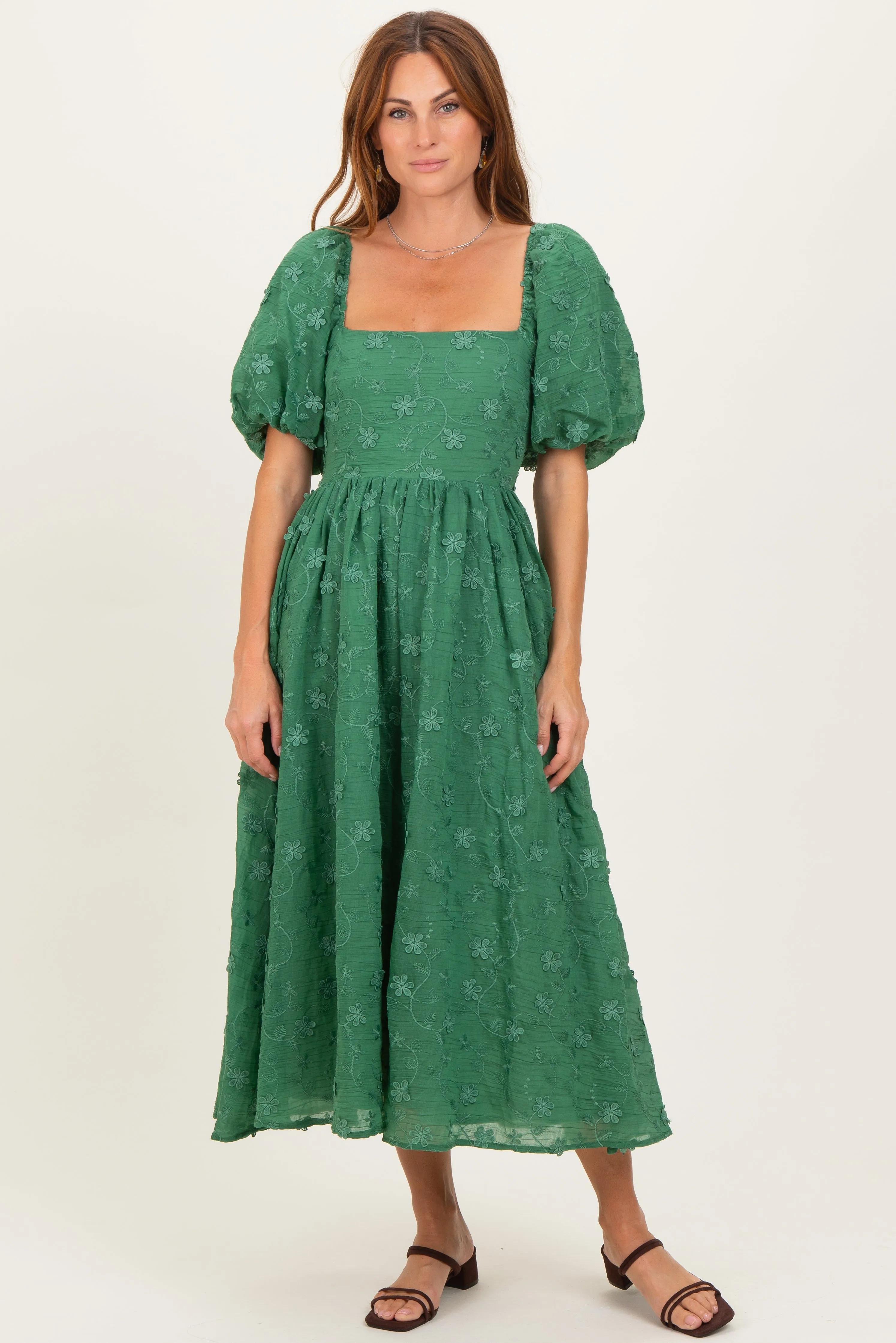 Forest Green Embroidered Floral Puff Sleeve Midi Dress sold by Pinkblush