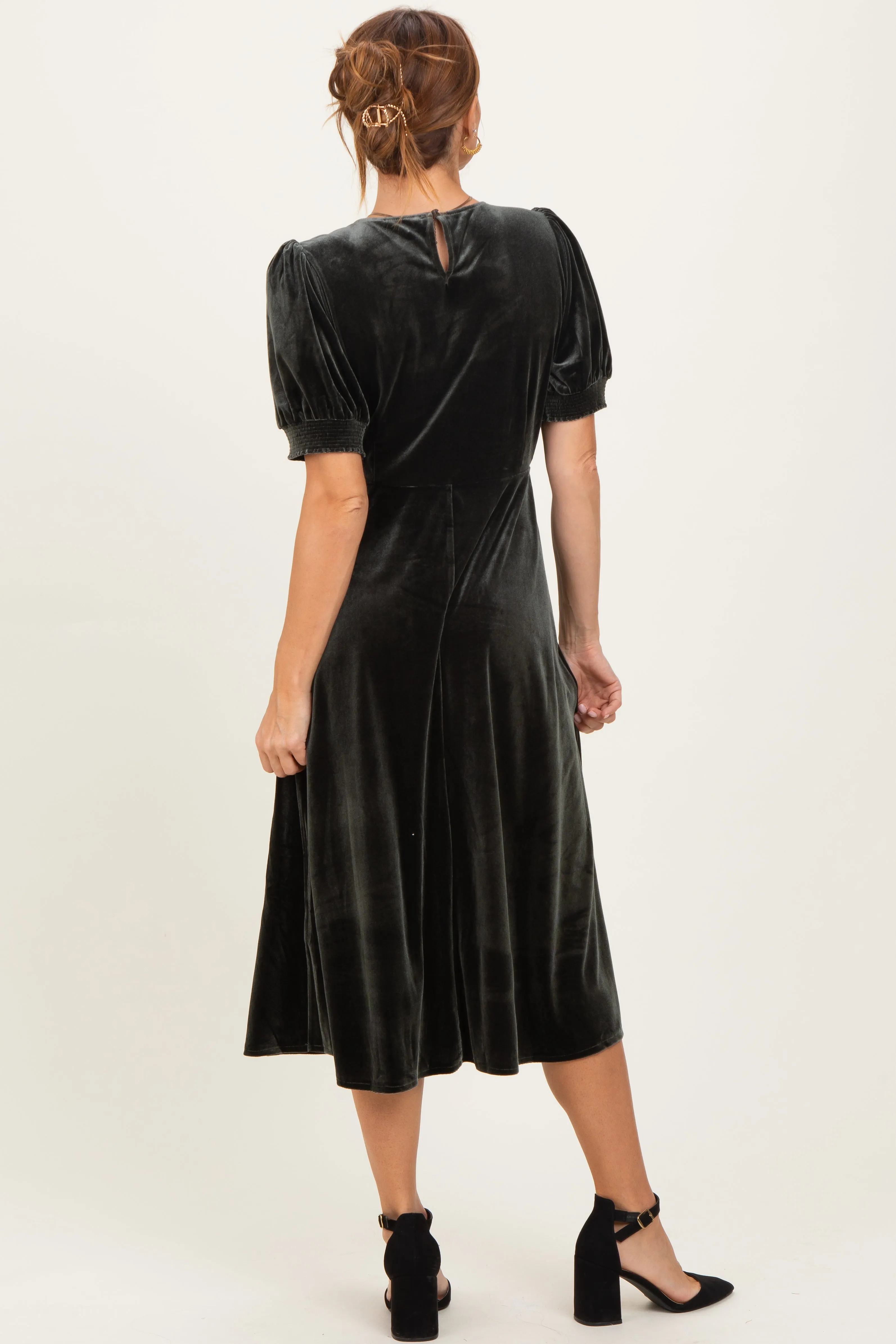 Olive Velvet Short Sleeve Midi Dress sold by Pinkblush product image thumbnail 4