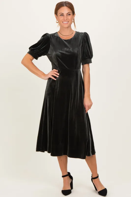 Olive Velvet Short Sleeve Midi Dress sold by Pinkblush