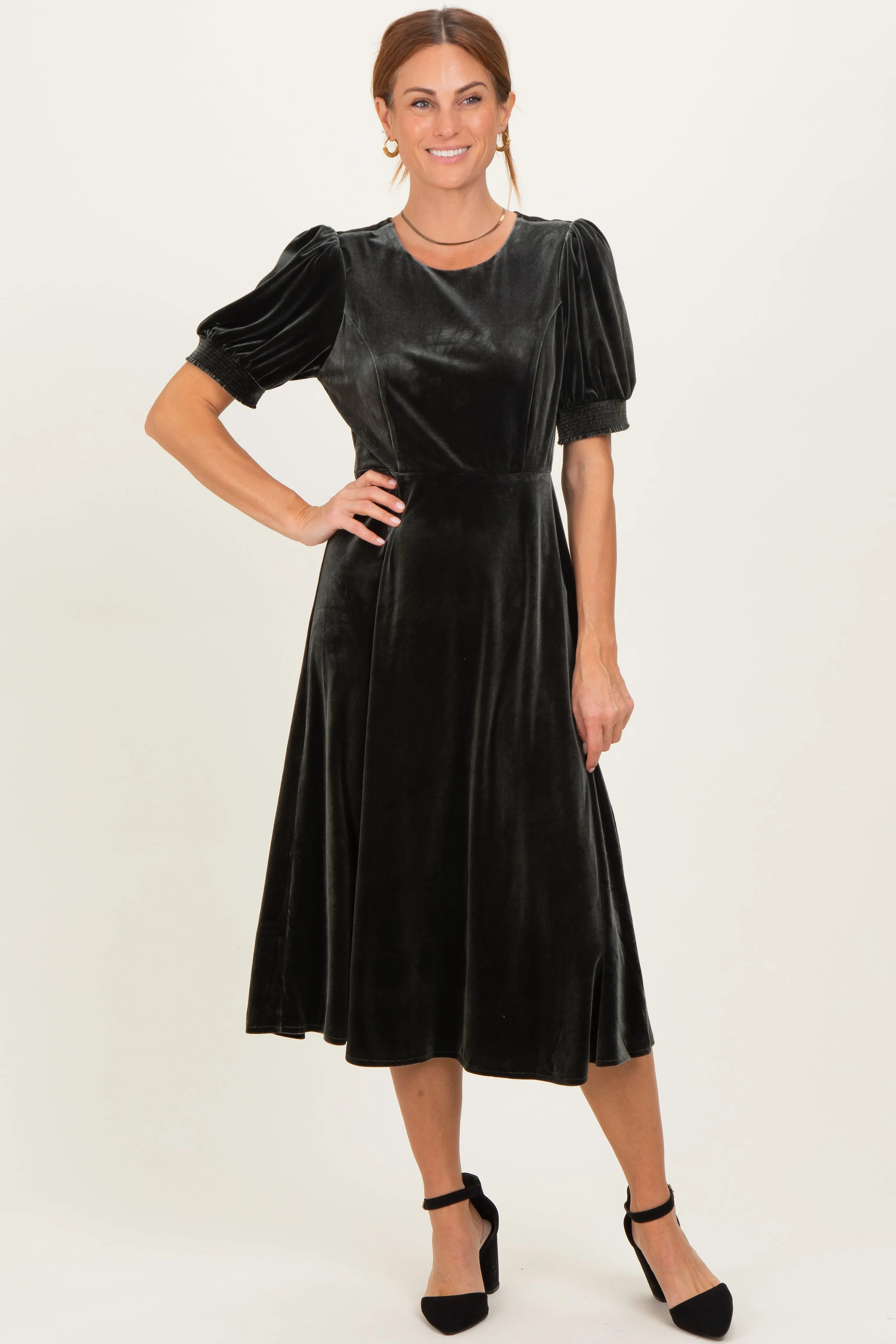 Olive Velvet Short Sleeve Midi Dress sold by Pinkblush