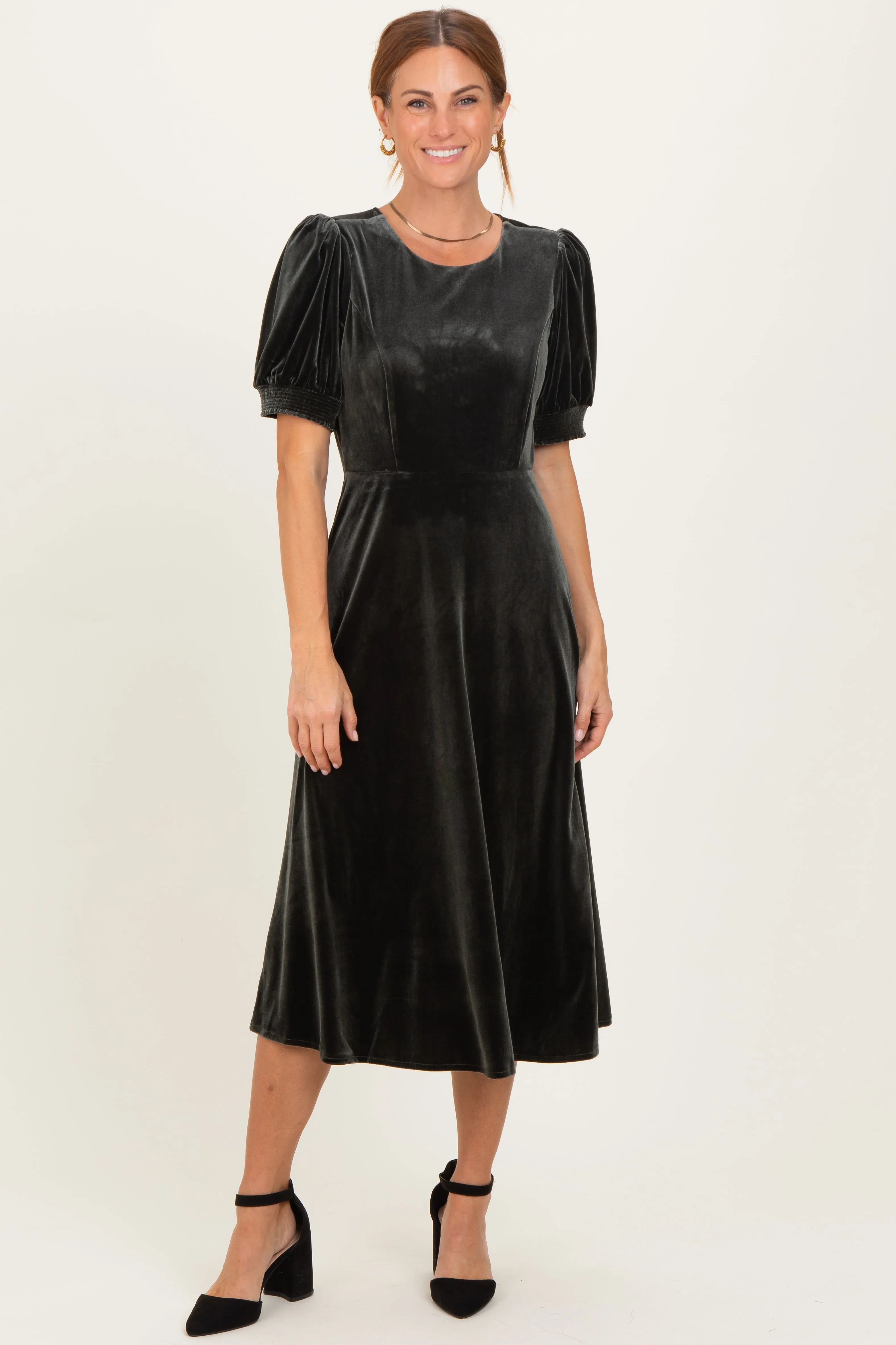 Olive Velvet Short Sleeve Midi Dress sold by Pinkblush product image thumbnail 2
