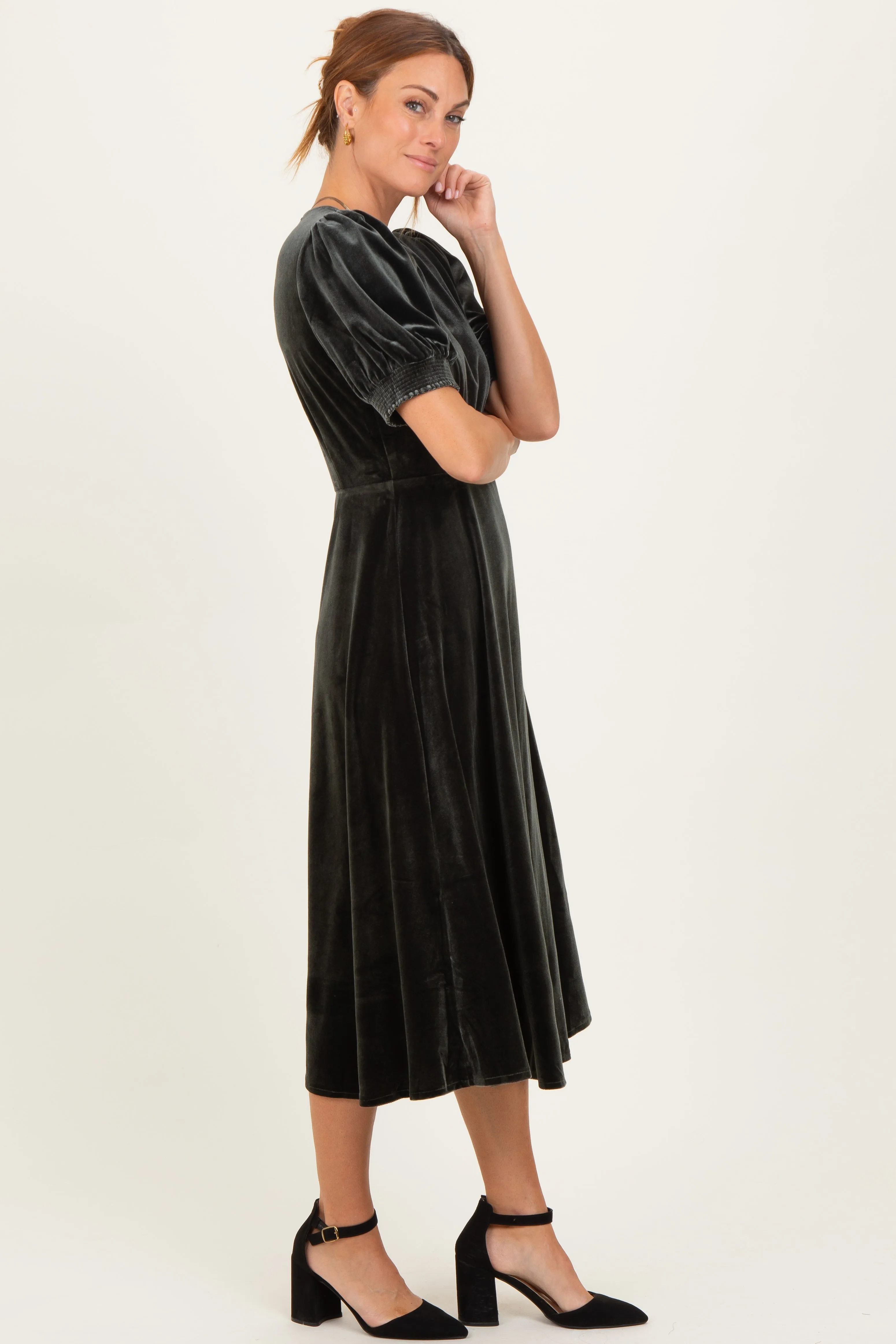 Olive Velvet Short Sleeve Midi Dress sold by Pinkblush product image thumbnail 3