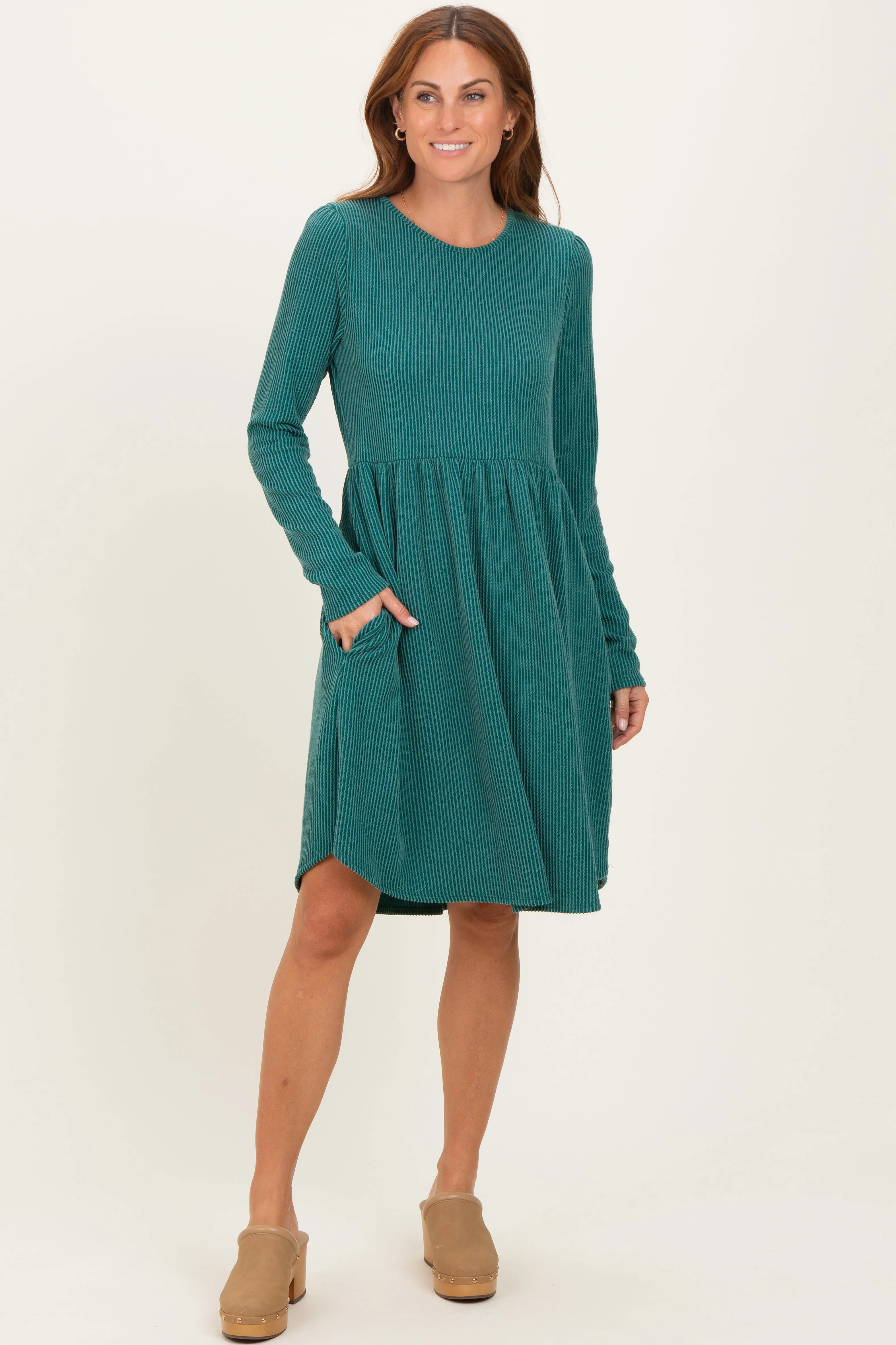 Forest Green Textured Rib Tiered Long Sleeve Dress sold by Pinkblush product image thumbnail 2