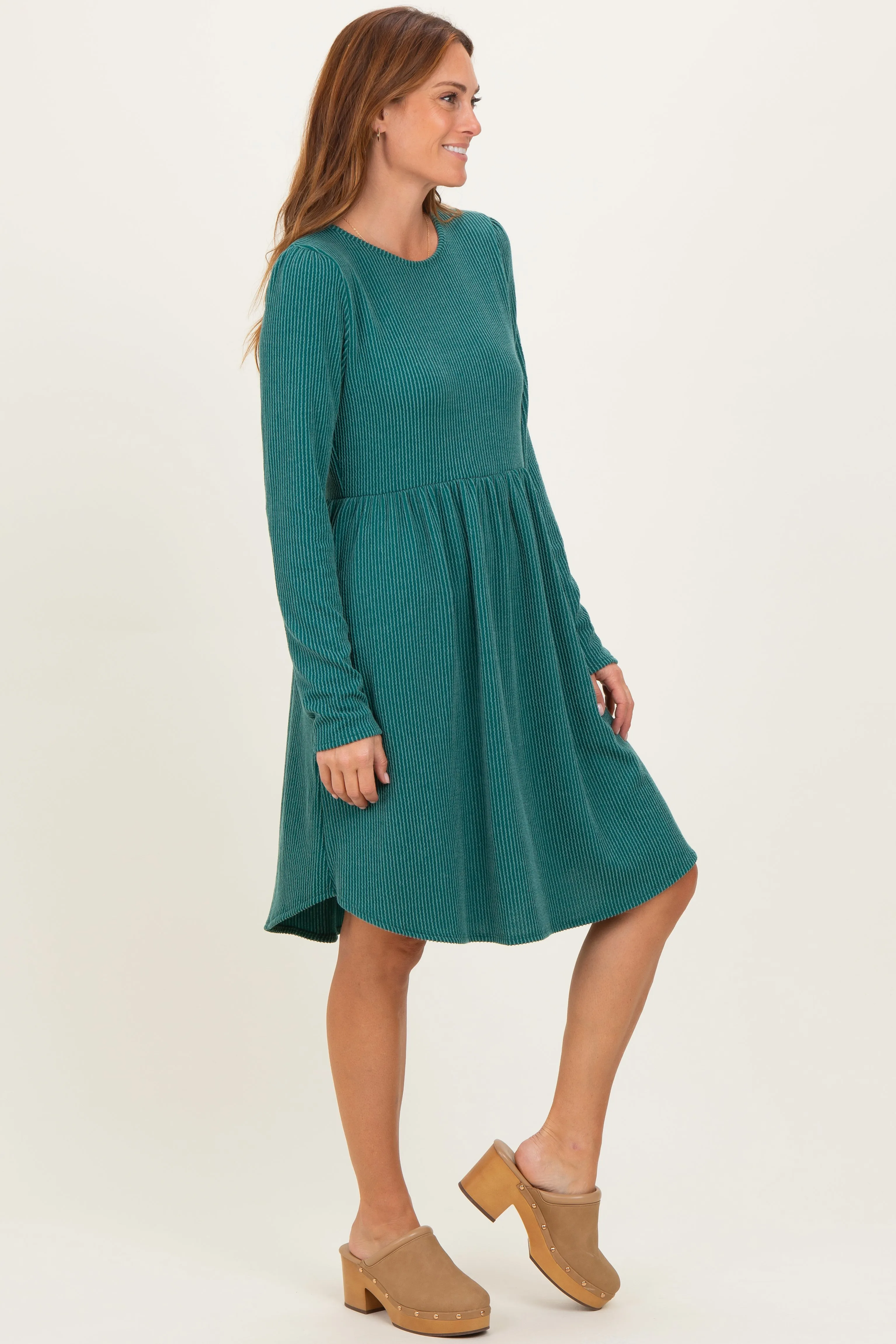 Forest Green Textured Rib Tiered Long Sleeve Dress sold by Pinkblush product image thumbnail 3