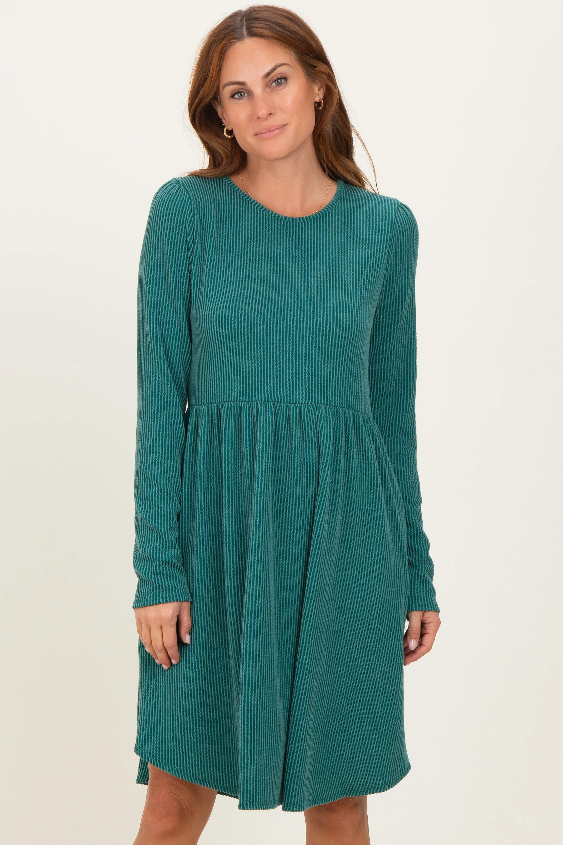 Forest Green Textured Rib Tiered Long Sleeve Dress sold by Pinkblush
