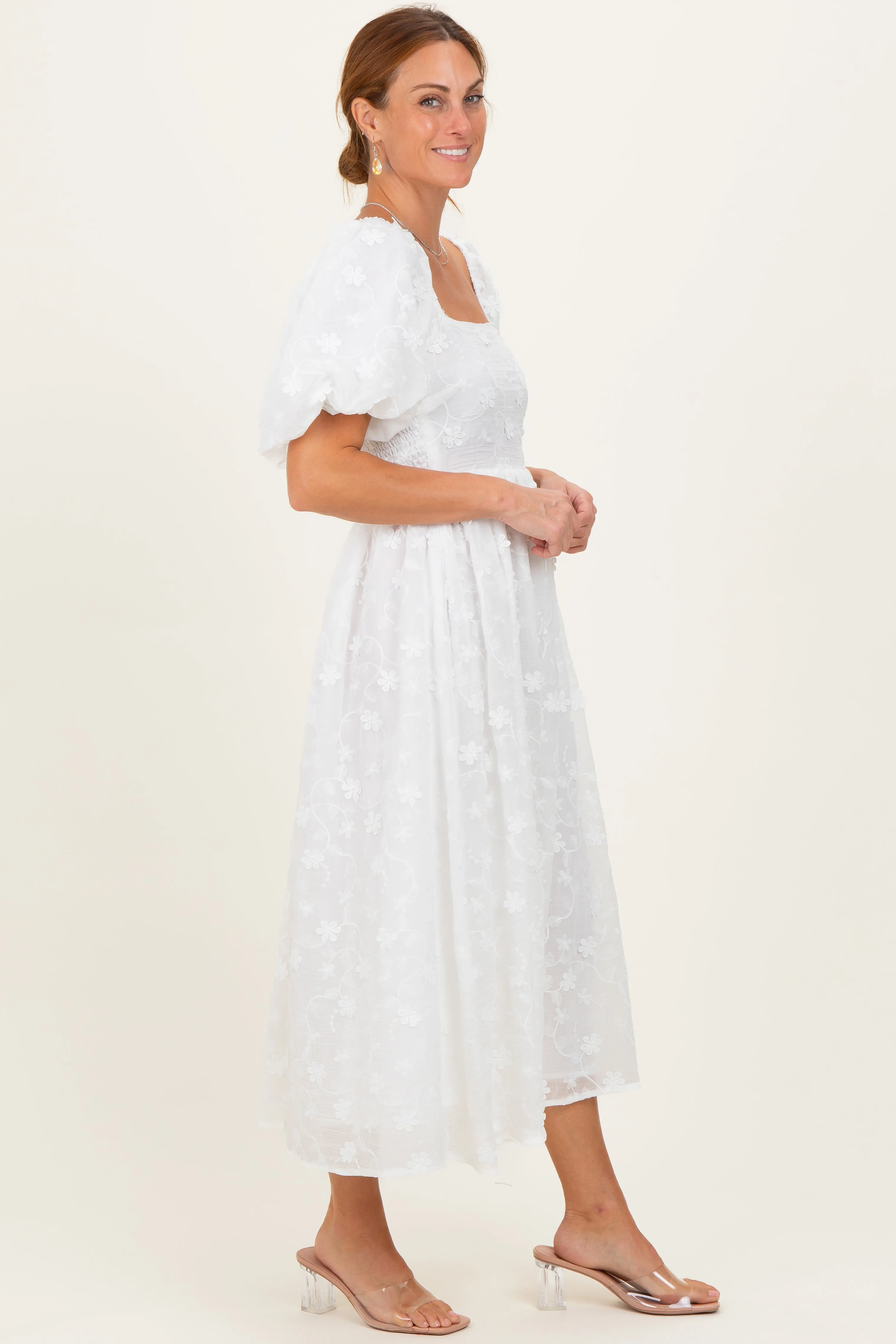 Ivory Embroidered Floral Puff Sleeve Midi Dress sold by Pinkblush product image thumbnail 3