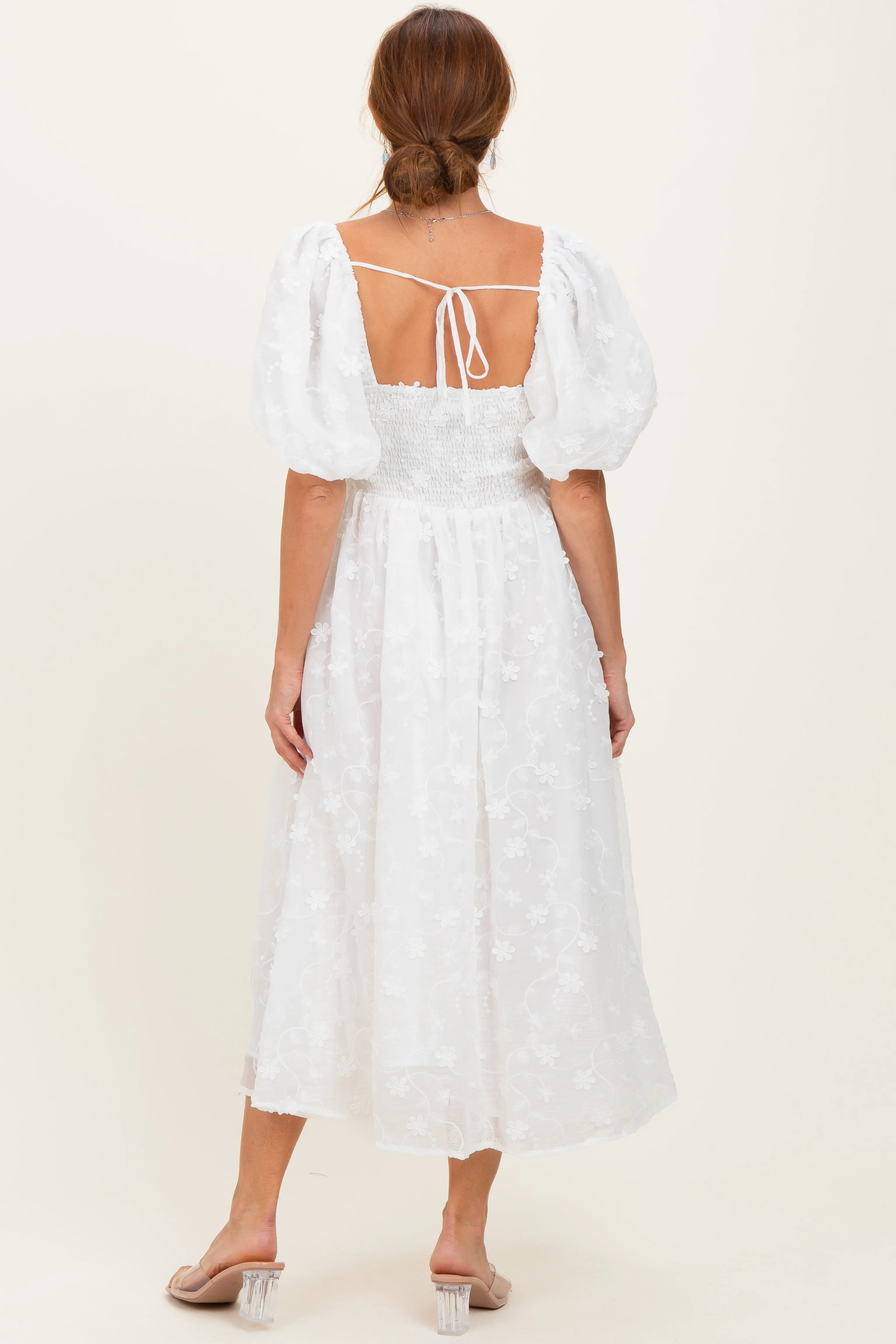 Ivory Embroidered Floral Puff Sleeve Midi Dress sold by Pinkblush product image thumbnail 4