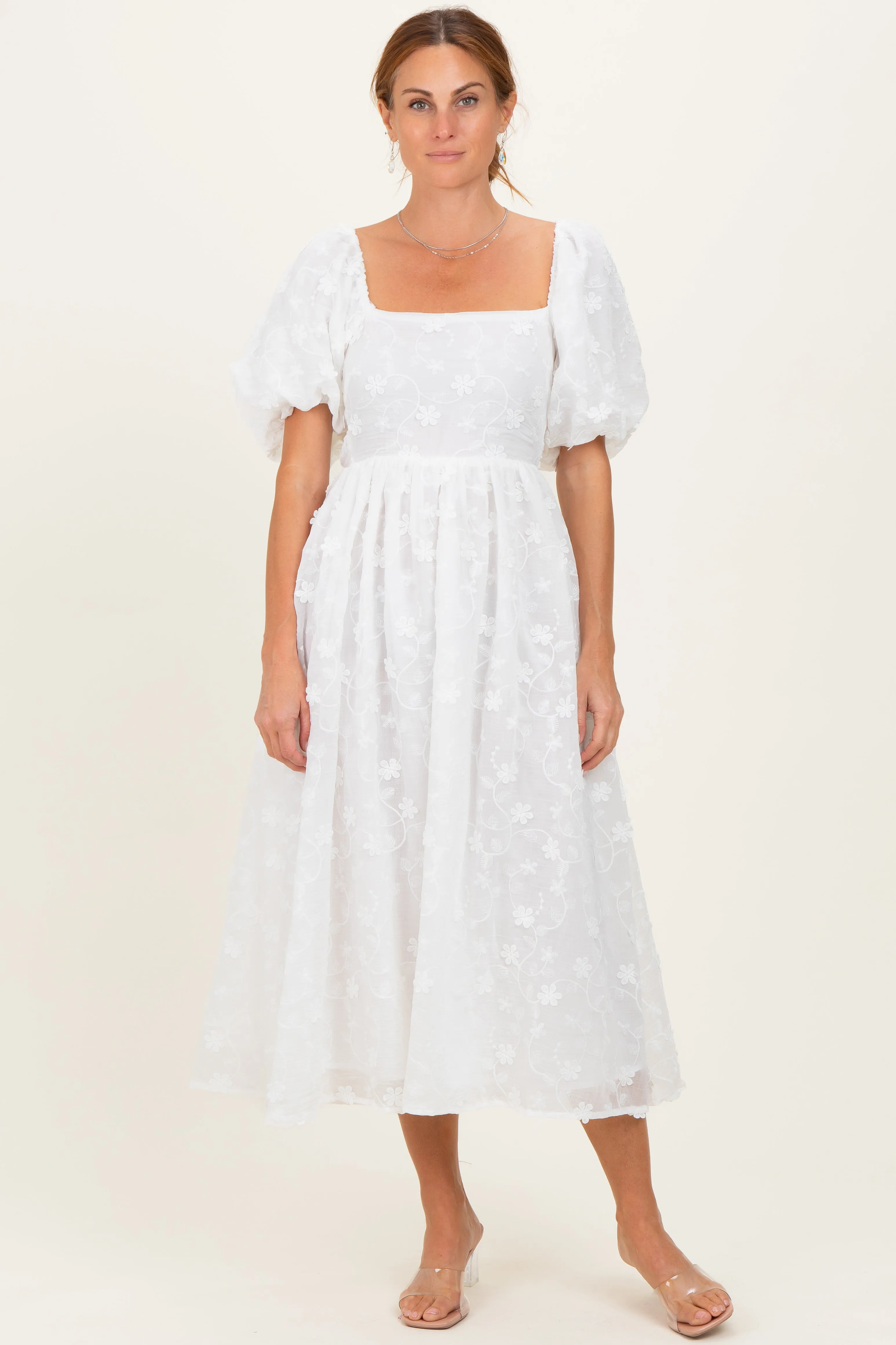 Ivory Embroidered Floral Puff Sleeve Midi Dress sold by Pinkblush