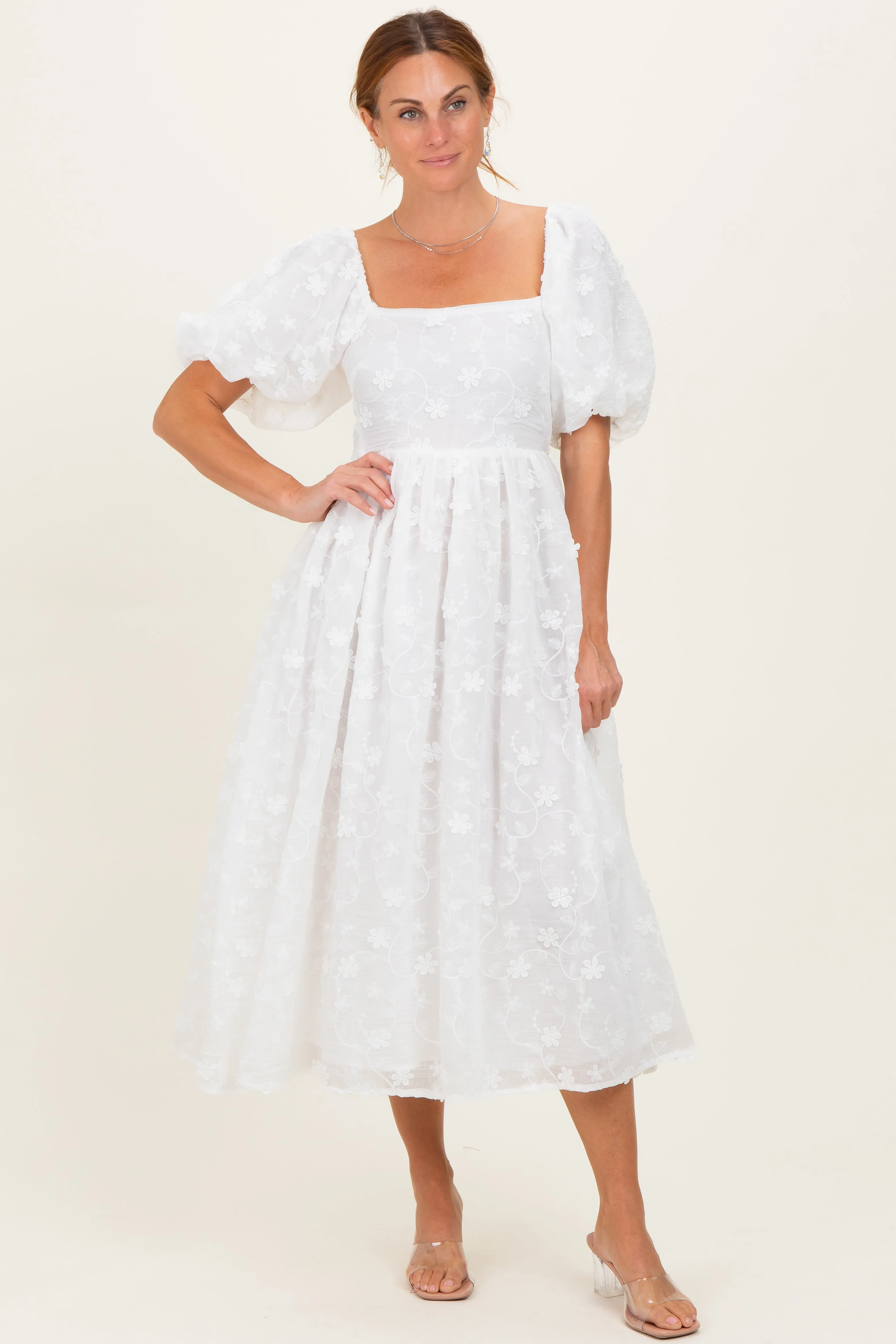 Ivory Embroidered Floral Puff Sleeve Midi Dress sold by Pinkblush product image thumbnail 2