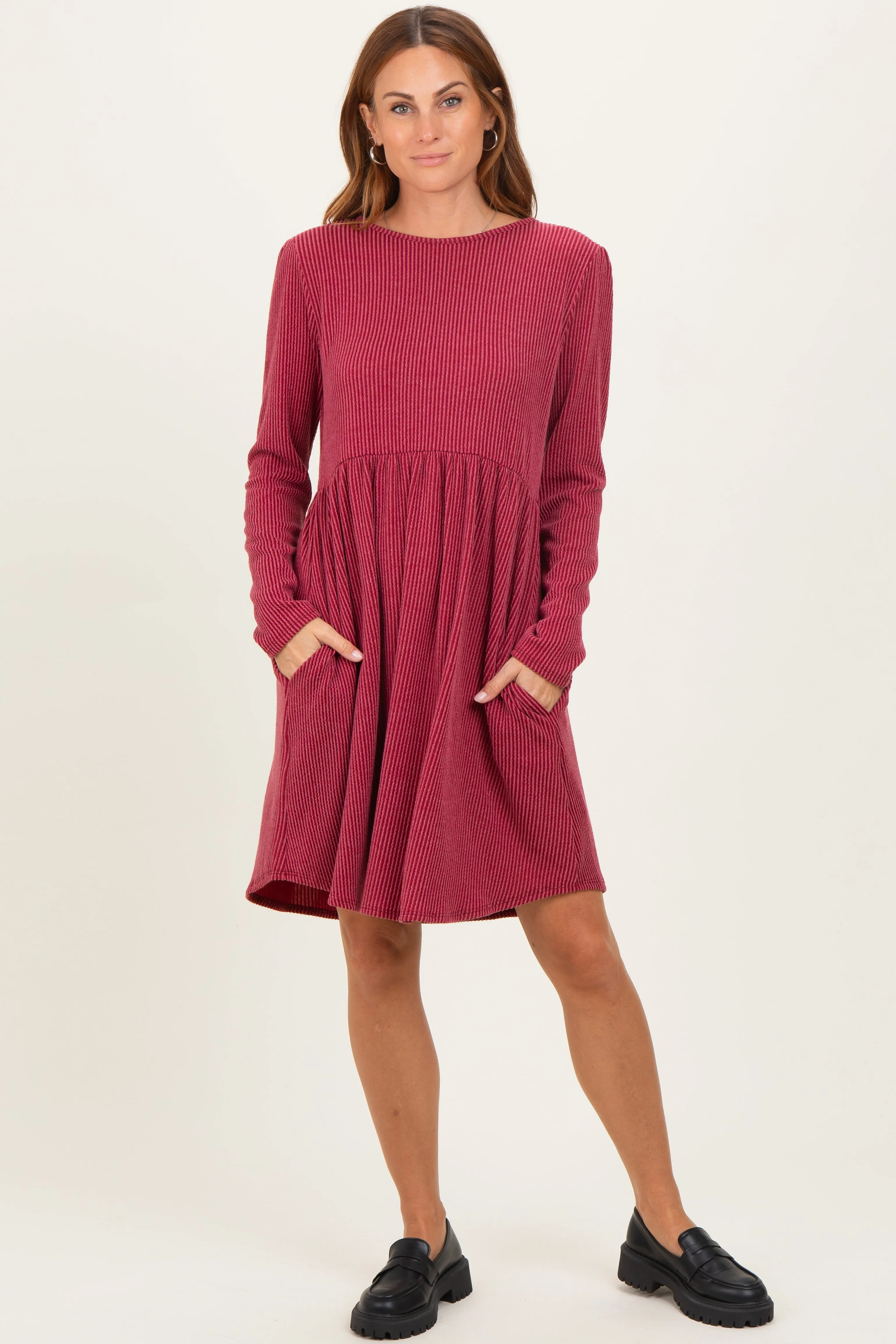 Dark Red Textured Rib Long Sleeve Dress sold by Pinkblush product image thumbnail 2