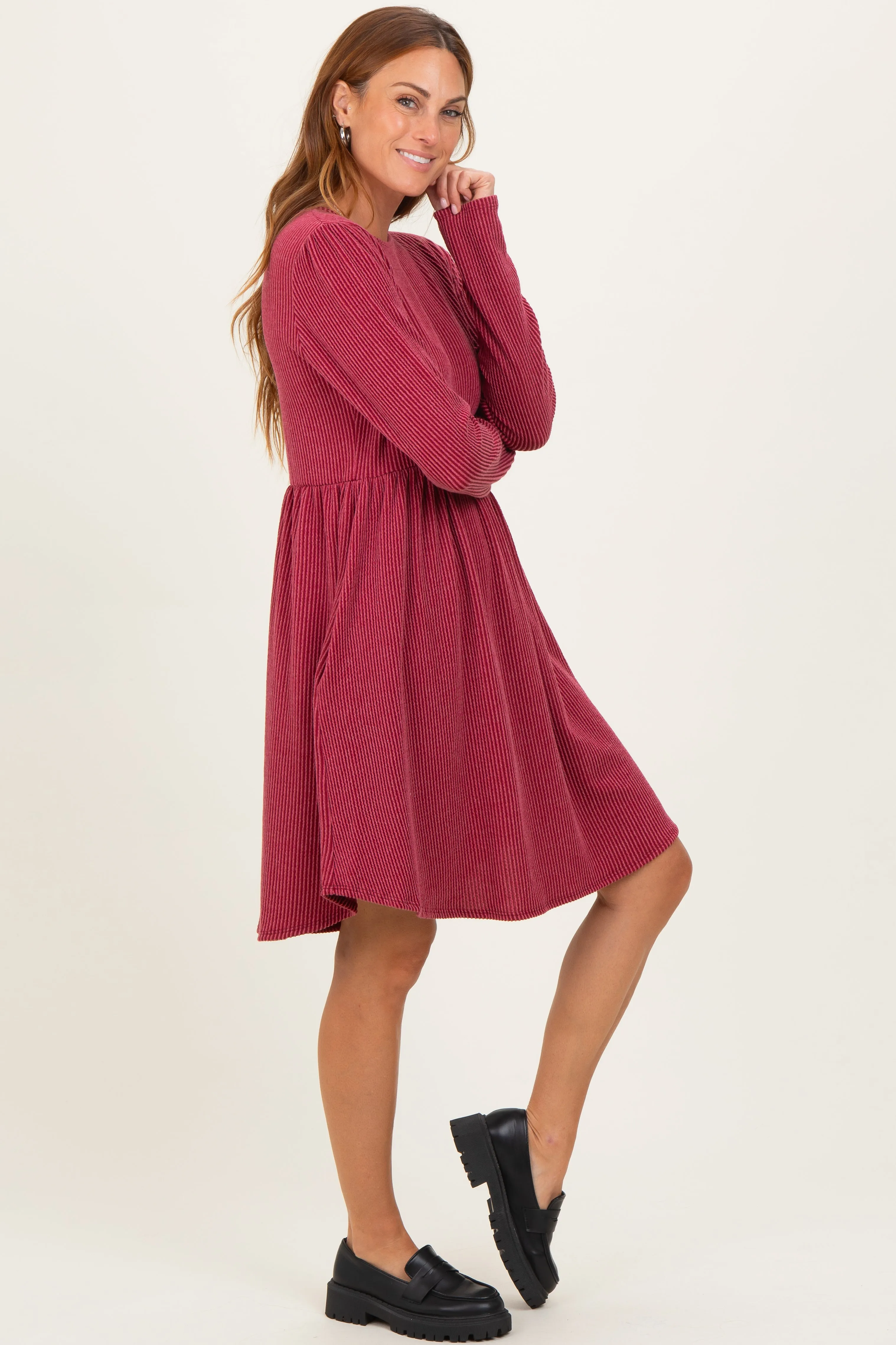 Dark Red Textured Rib Long Sleeve Dress sold by Pinkblush product image thumbnail 3