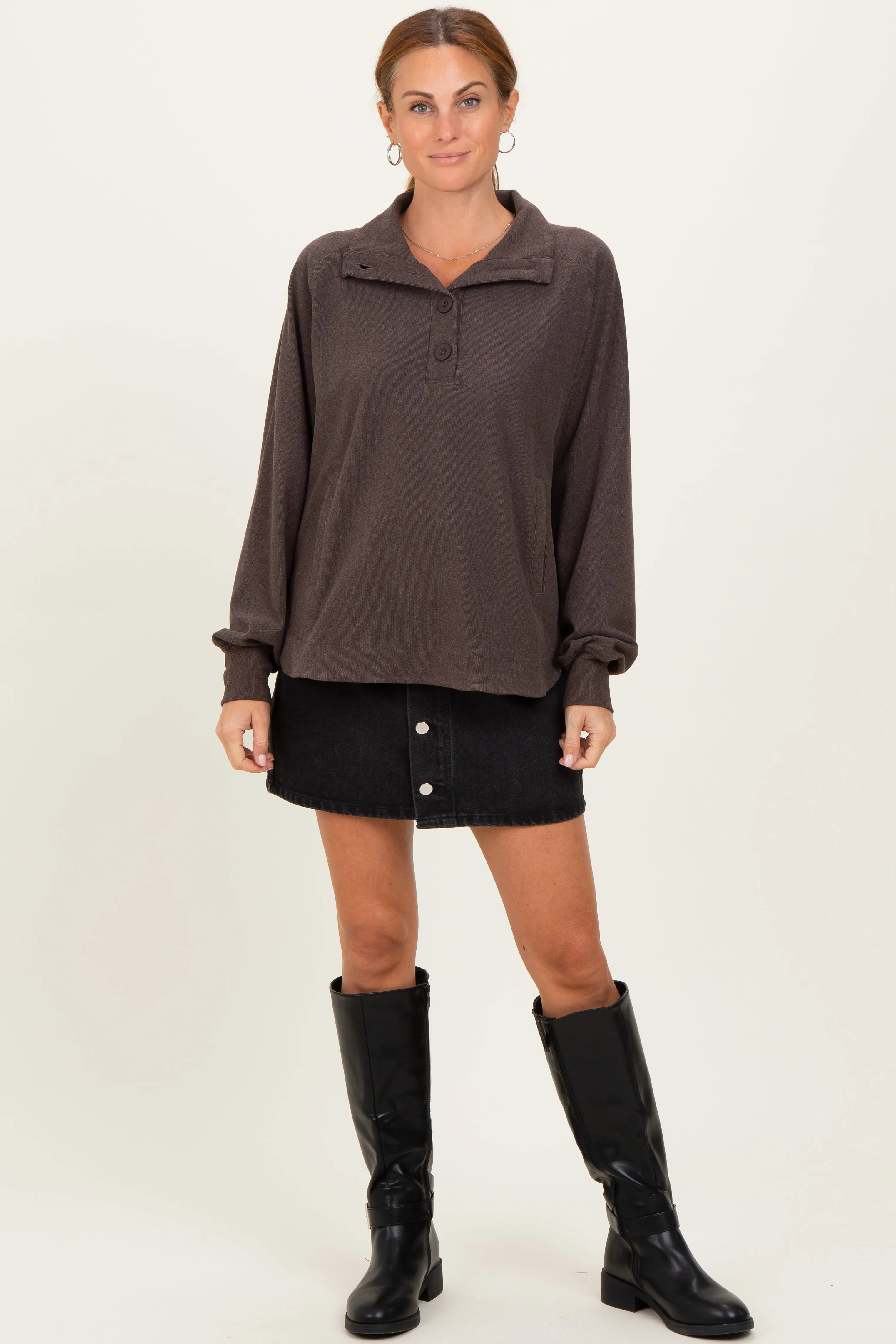 Brown Brushed Knit Button Collar Pullover sold by Pinkblush product image thumbnail 2