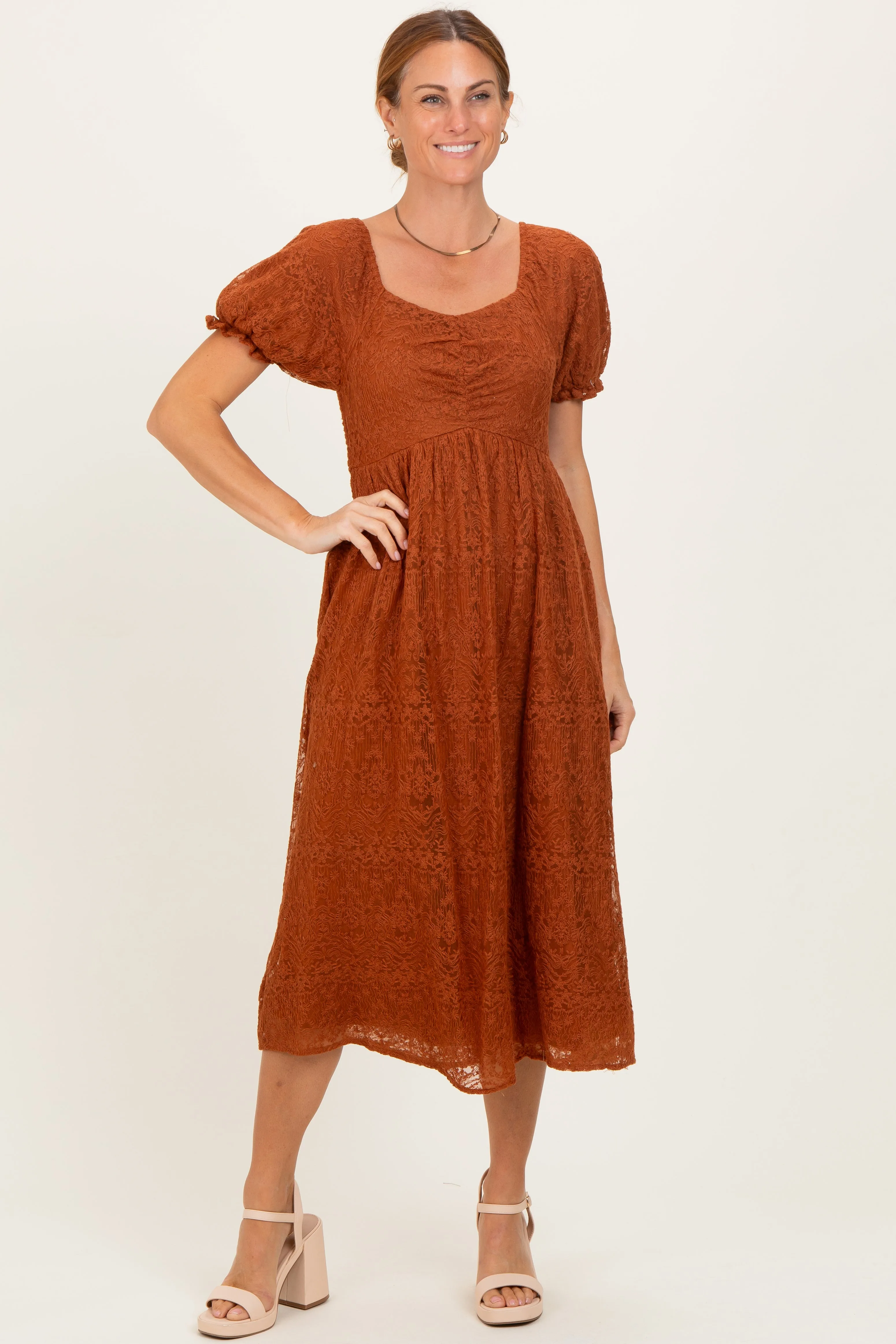 Rust Embroidered Mesh Short Sleeve Midi Dress sold by Pinkblush