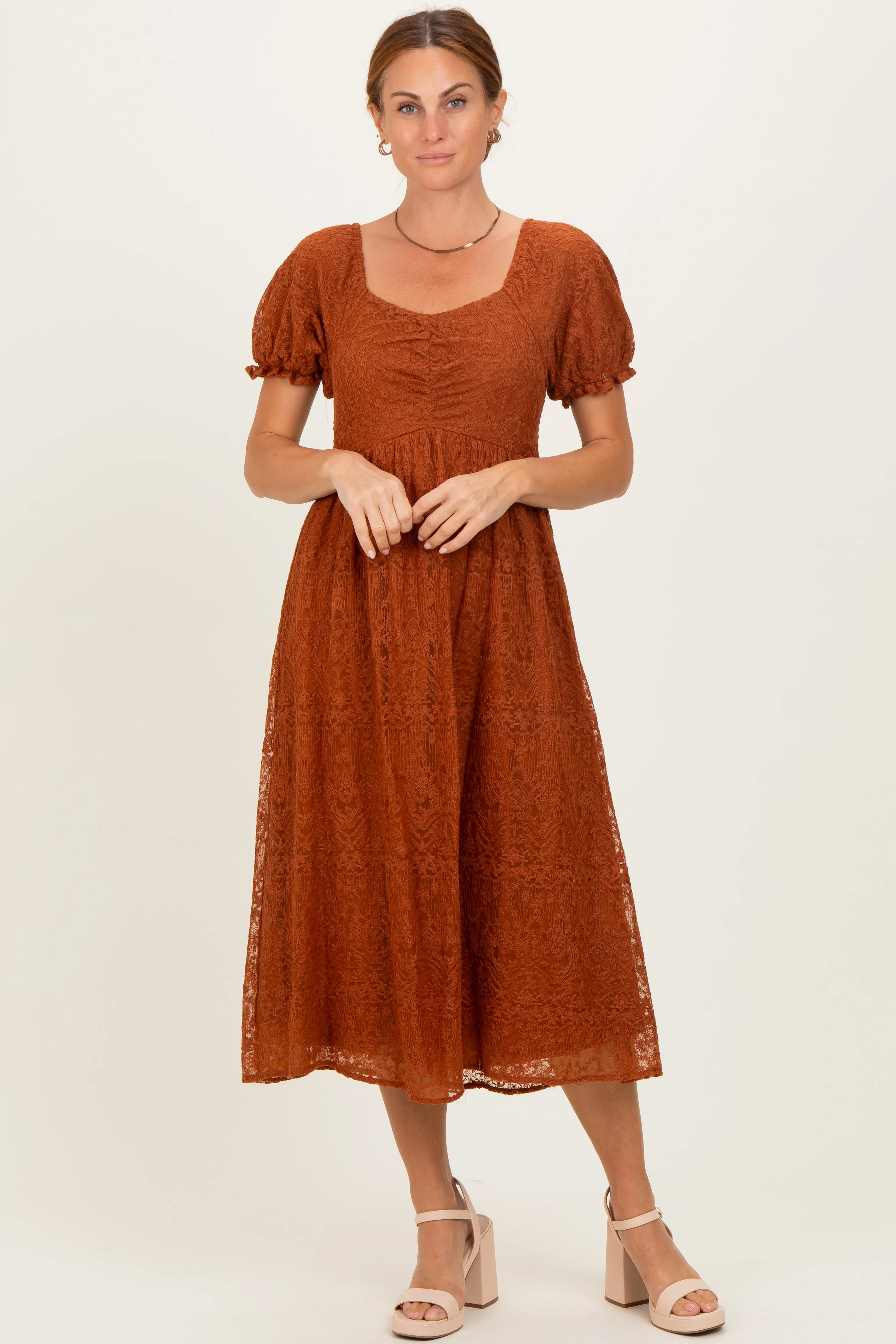 Rust Embroidered Mesh Short Sleeve Midi Dress sold by Pinkblush product image thumbnail 2