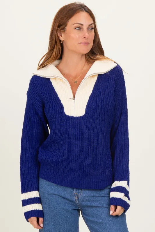 Navy Colorblock Chunky Knit Half Zip Sweater sold by Pinkblush